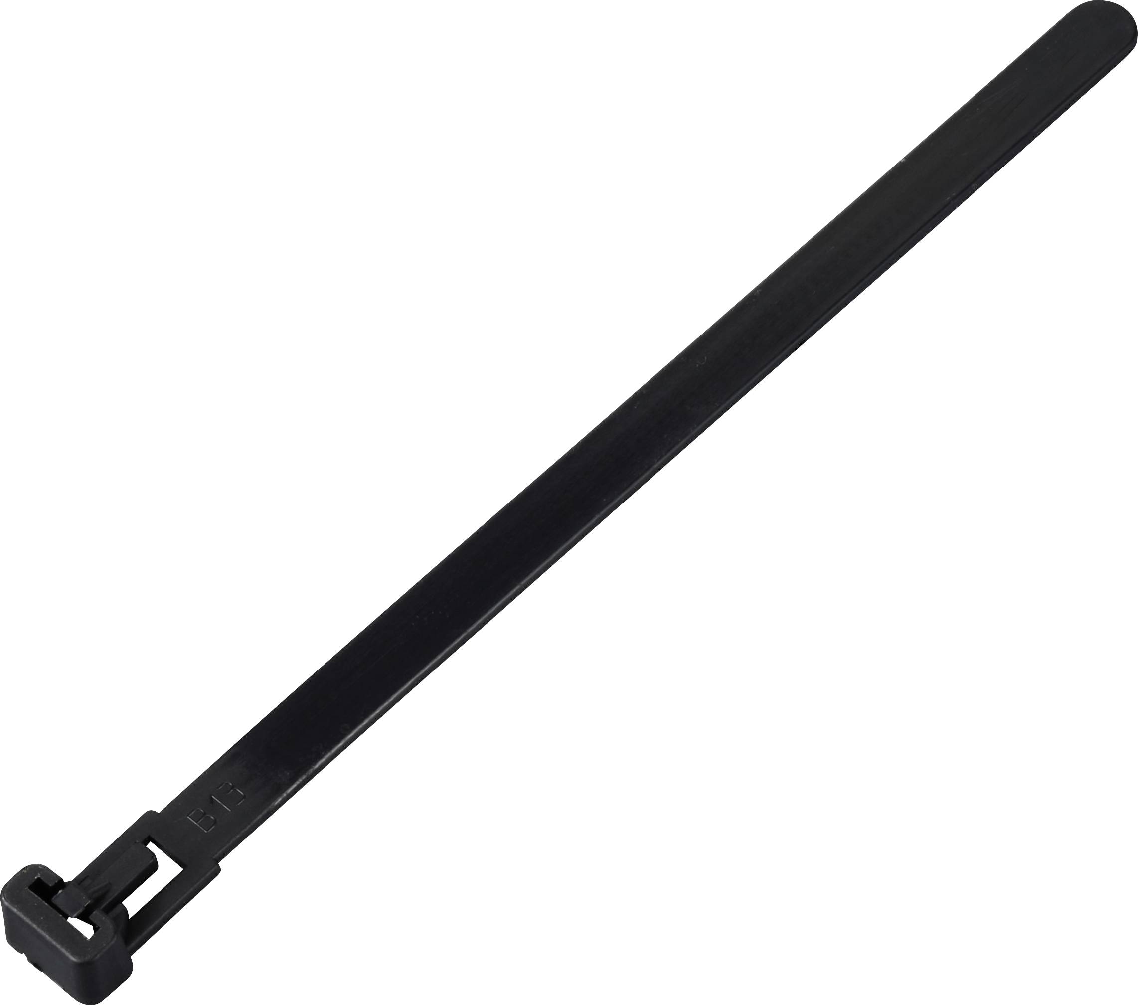Een zwarte kabelbinder die vaak wordt gebruikt voor het bundelen en bevestigen van kabels of voorwerpen.