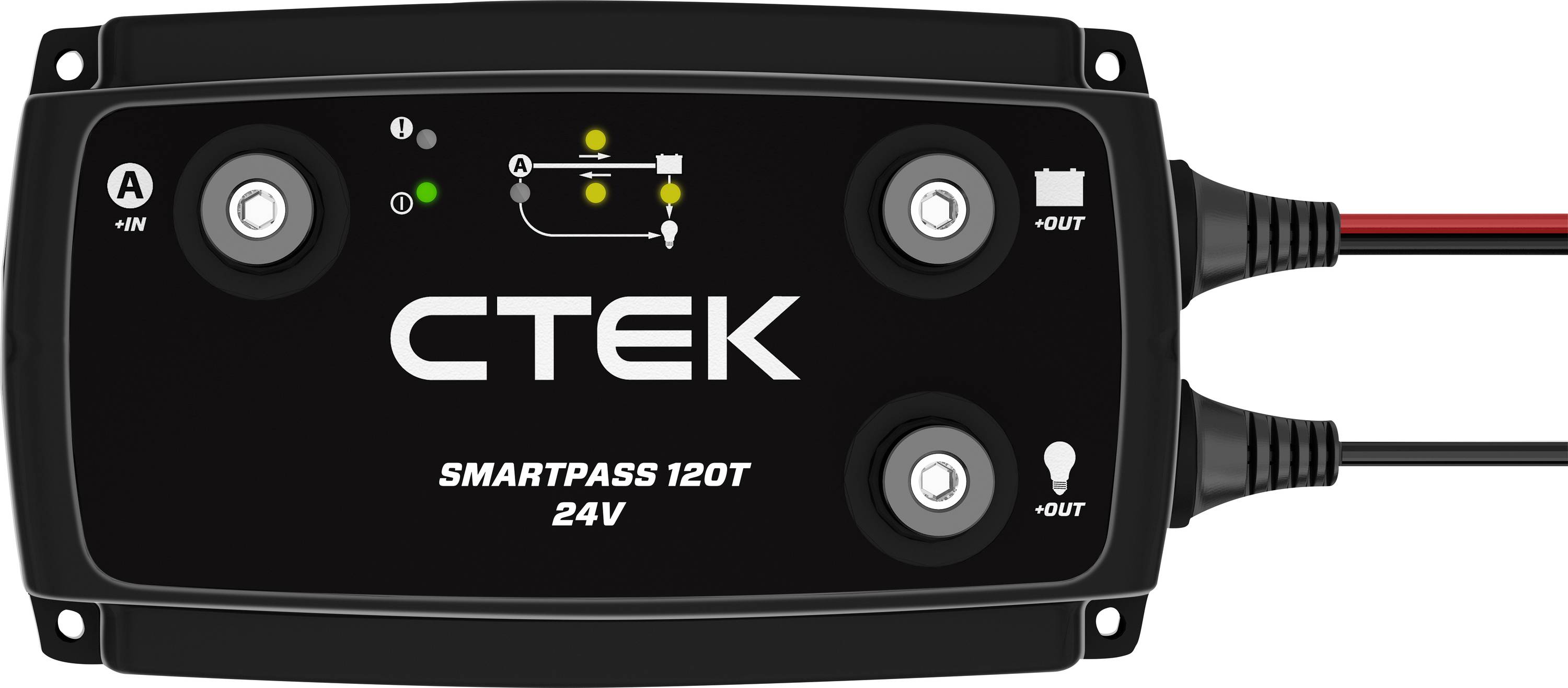 Zwarte laadapparaatbox met opschrift 'CTEK SMARTPASS 120T 24V', toont aansluitingen voor ingangen ('+IN', '-IN') en uitgangen ('+OUT', '-OUT').