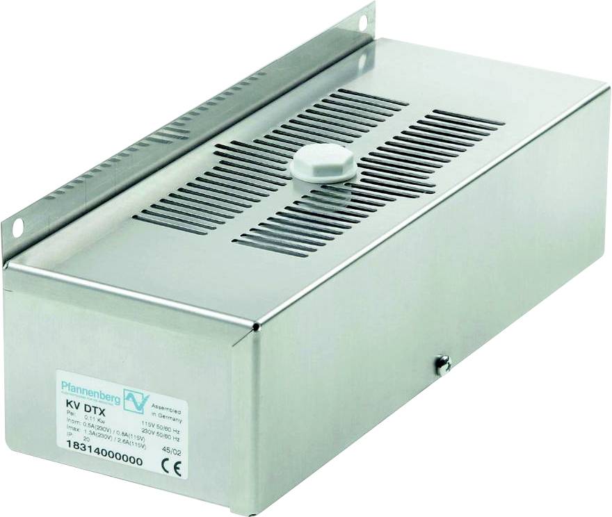 Metalen behuizing met ventilatiesleuven en etiket met fabrikantgegevens.