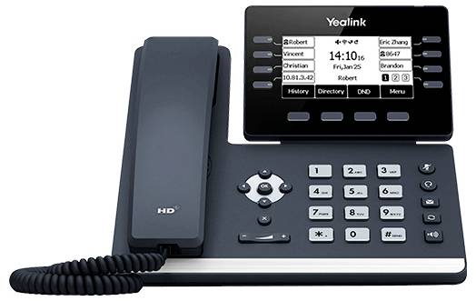 Een zwarte vaste telefoon met snoer, toetsenblok en display dat oproepgegevens weergeeft.