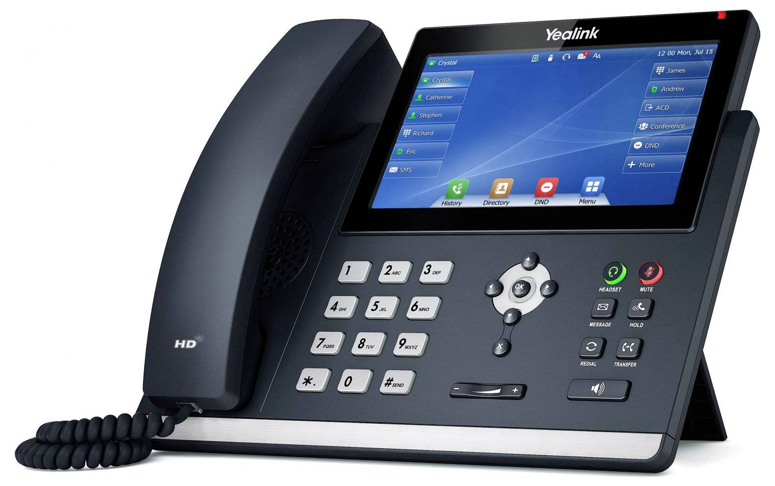 Een zwart kantoortelefoon met een groot display en toetsenbord. Het display toont een gebruikersinterface met verschillende apps en functies.