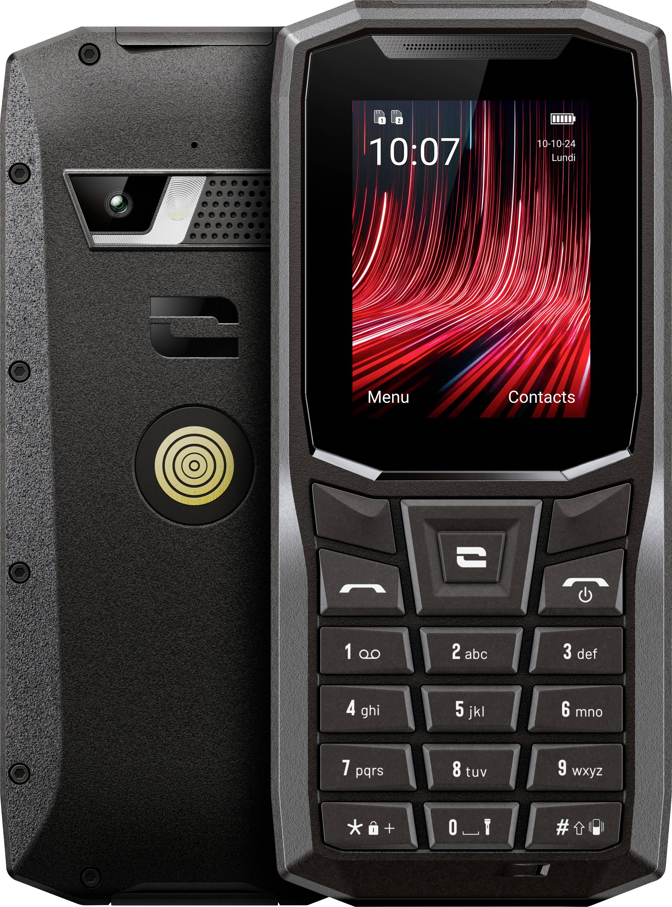 Een robuuste mobiele telefoon met fysieke knoppen, een klein display en een achtercamera. Ideaal voor gebruik buitenshuis.