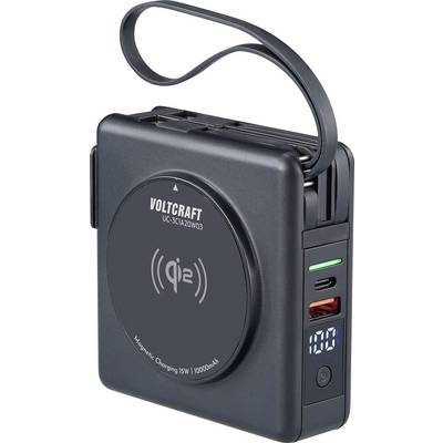 Zwarte draagbare powerbank met draadloze oplaadfunctie, merknaam 'Voltcraft'. Heeft een batterijstatusindicator en meerdere laadaansluitingen.