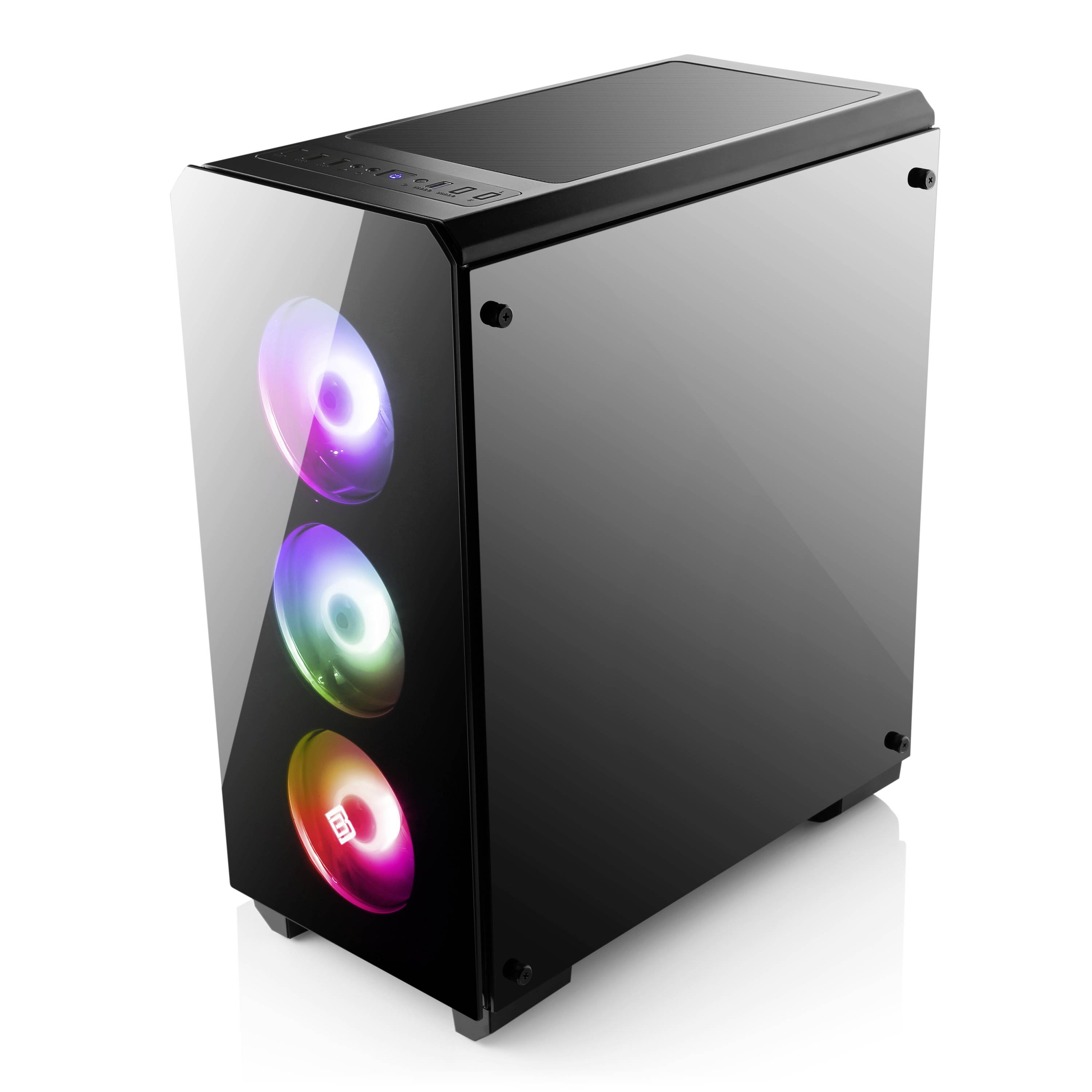 Een zwarte computerbehuizing met drie oplichtende RGB-ventilatoren aan de voorkant en een transparante zijpaneel.