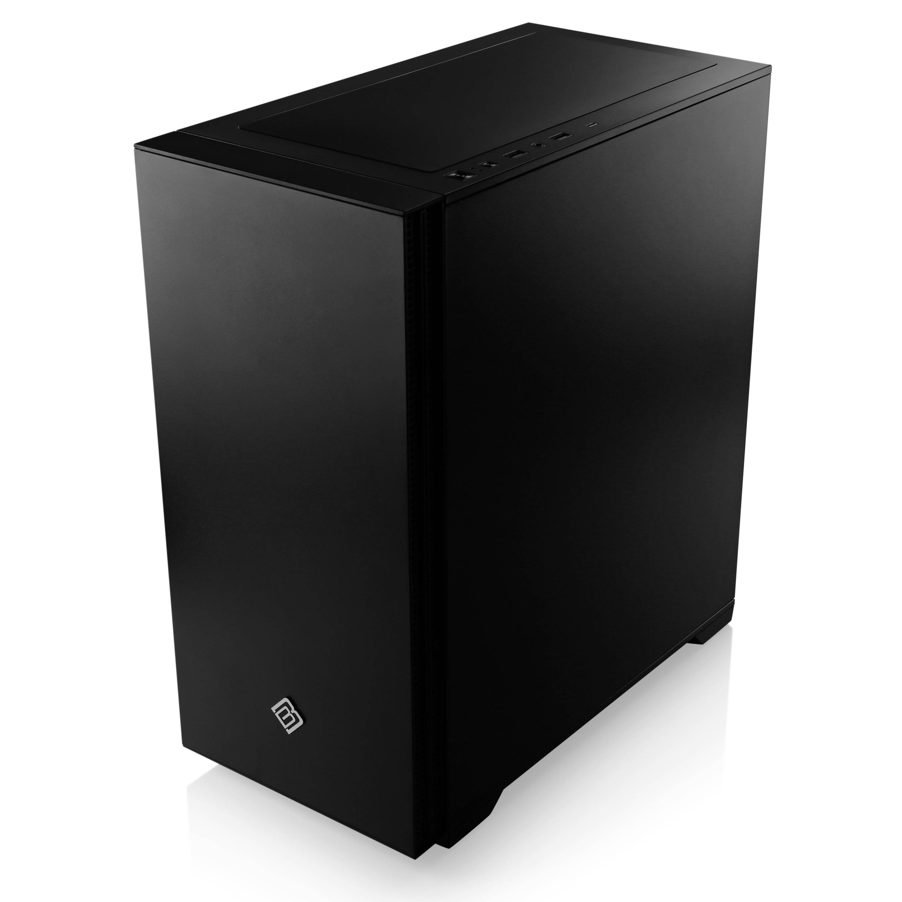 Een zwarte computerbehuizing met een strak design en minimale bedieningselementen aan de bovenkant.