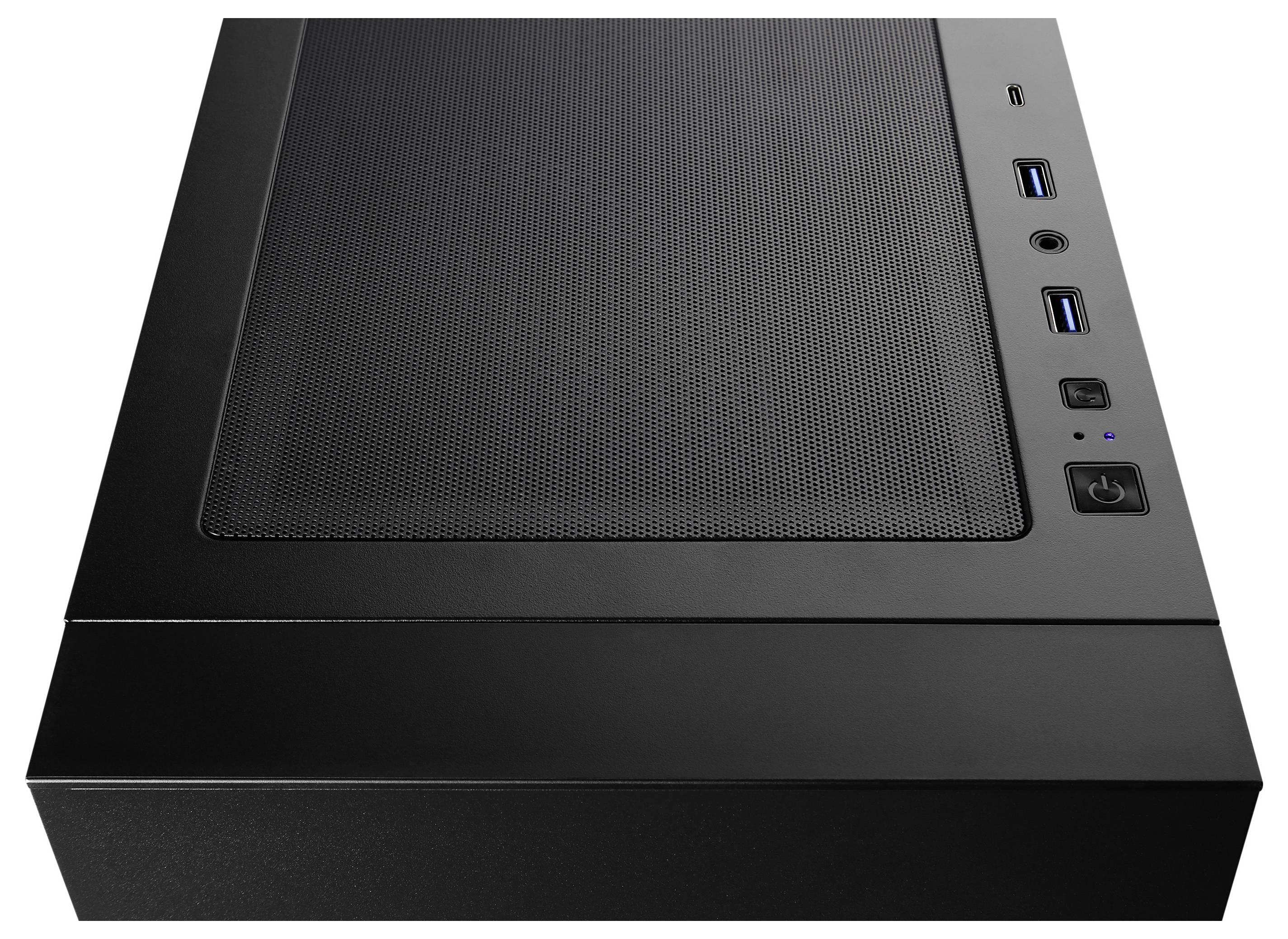 Zwarte computerbehuizing met ventilatierooster en aansluitingen zoals USB-poorten, koptelefoonaansluiting en aan/uit-knop rechts.