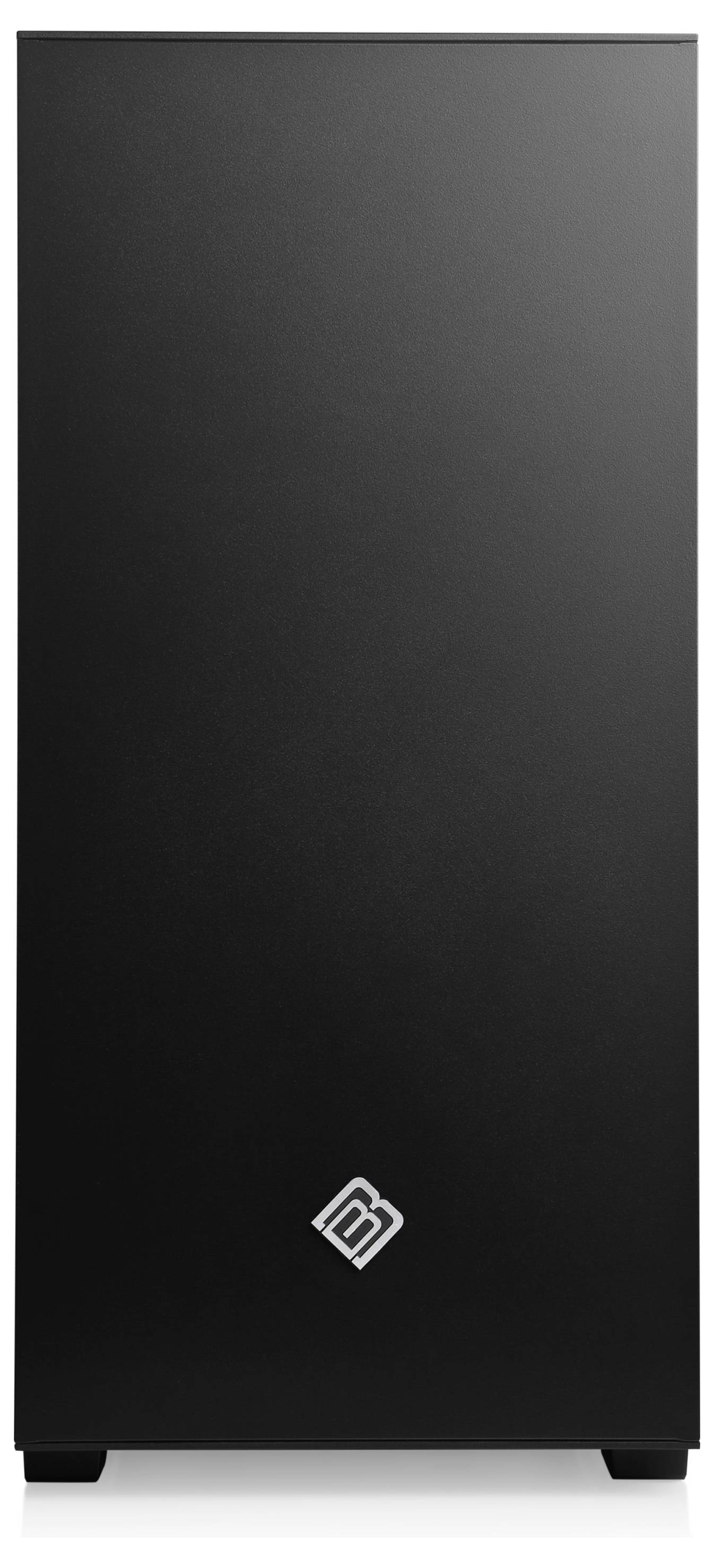 Een zwarte computerbehuizing met een klein, wit logo in het midden onderaan de voorkant.