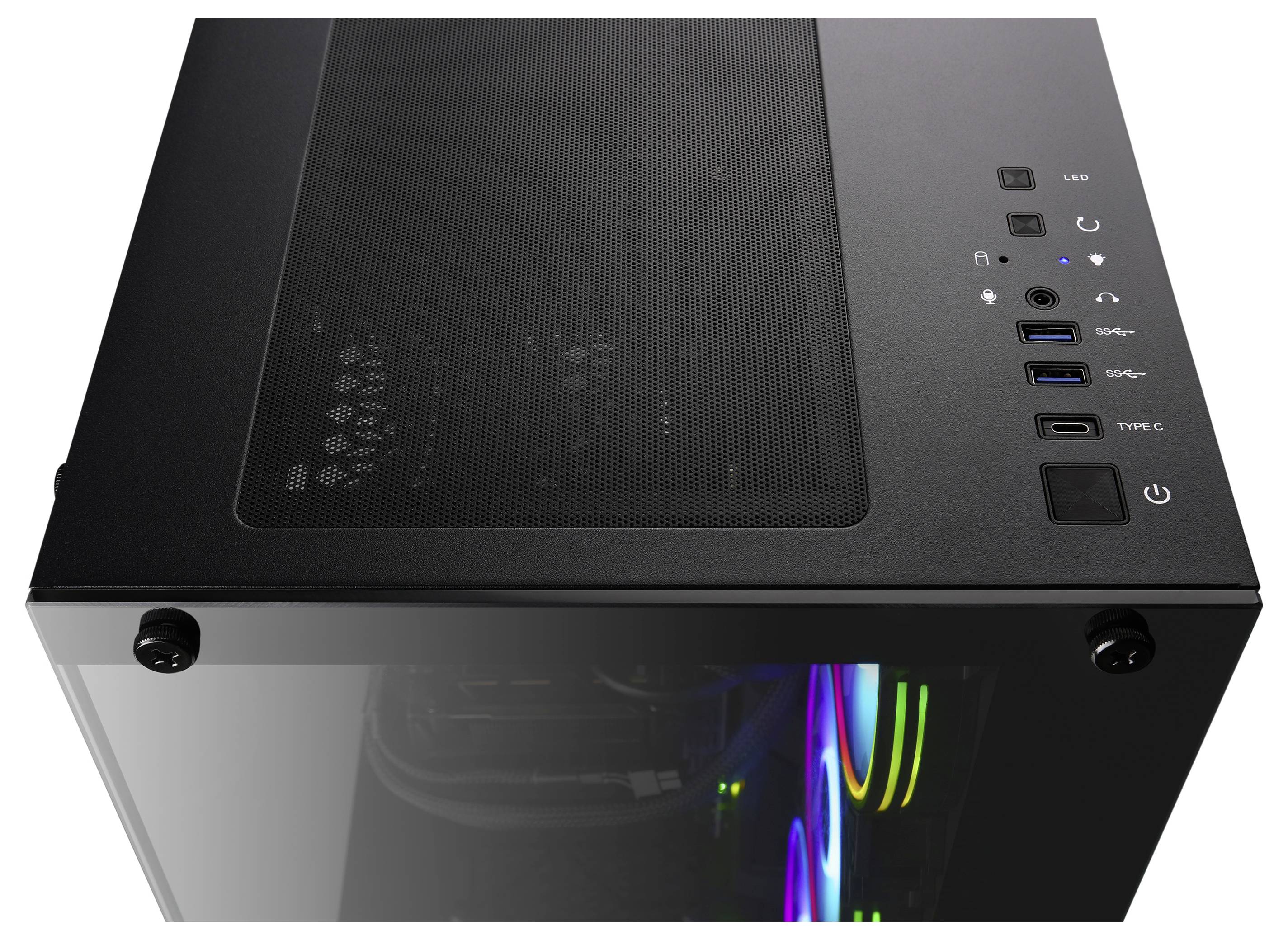 Zwart computerbehuizing met glazen zijpaneel en RGB-verlichting aan de binnenkant. Bovenop bevinden zich USB-poorten, LED-indicatie en de aan/uit-schakelaar.