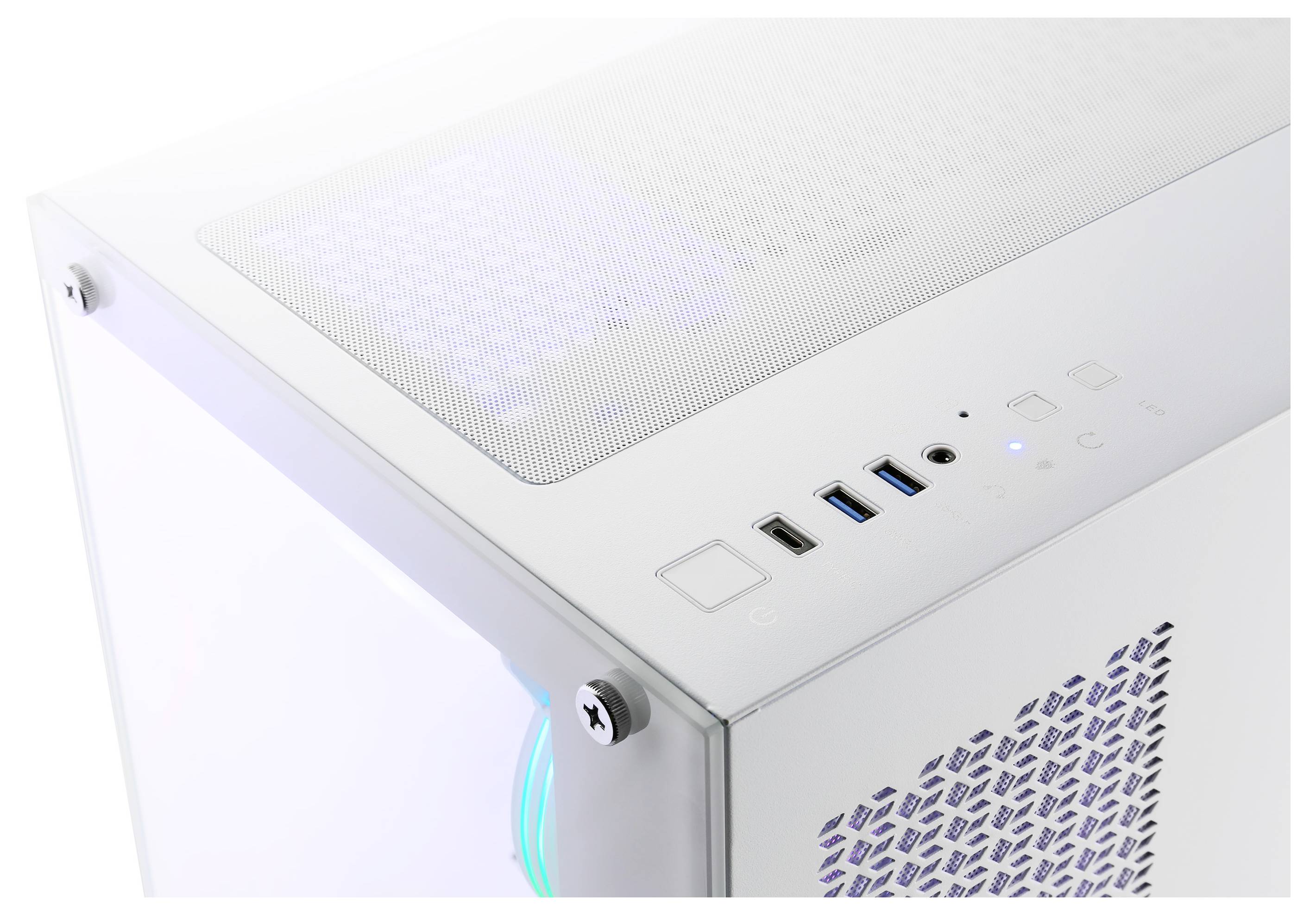 Wit computerbehuizing met zijdelings glazen raam. Bovenaan bevinden zich aansluitingen voor USB, koptelefoon en microfoon.