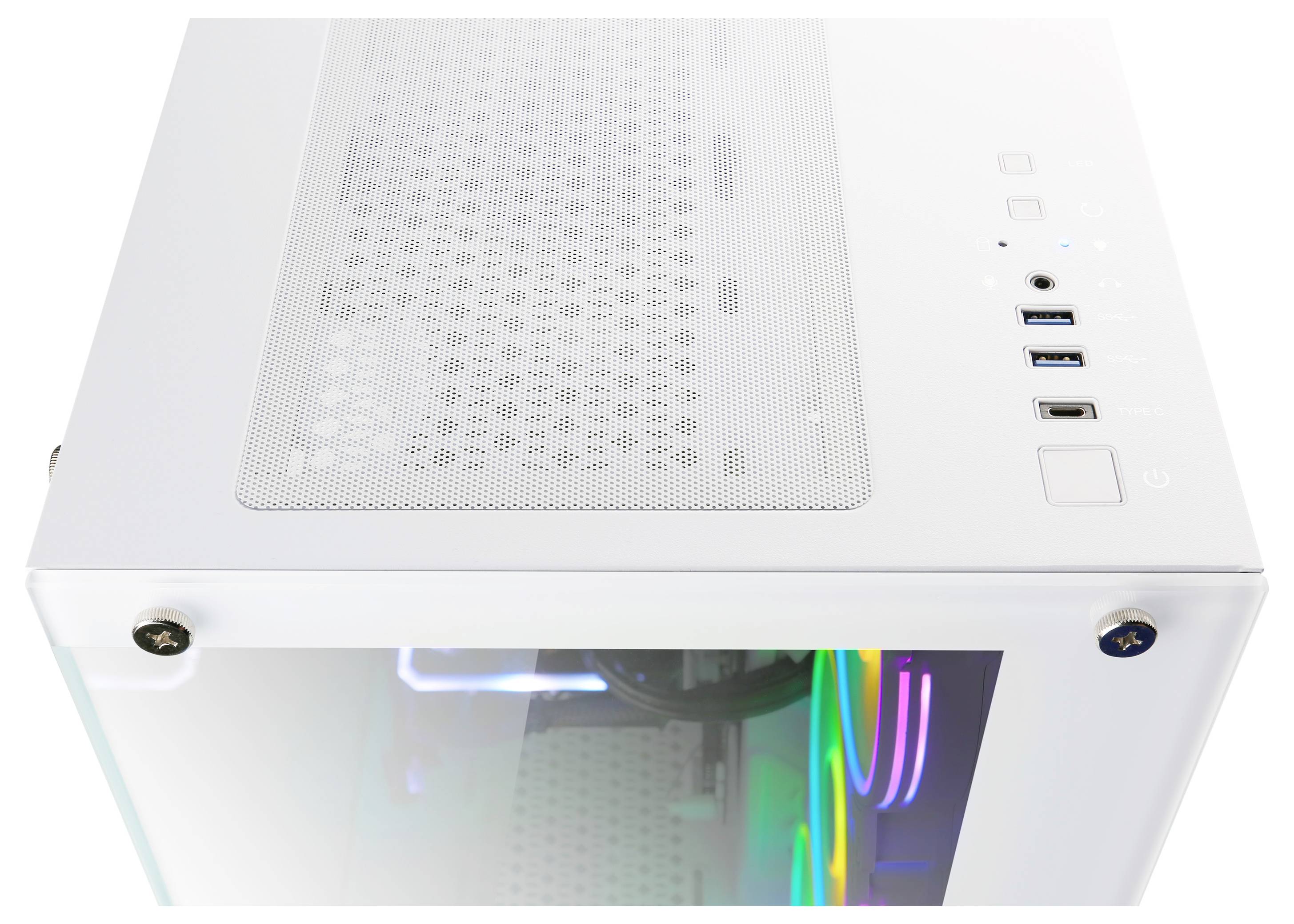 Een wit pc-behuizing met een transparant zijvenster, meerdere USB-poorten en een aan de binnenkant verlicht in regenboogkleuren.