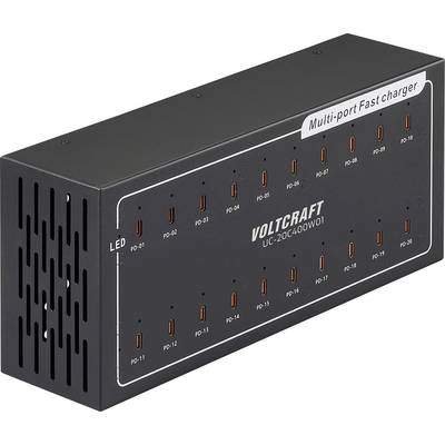 Een zwart multi-poort snellader van Voltcraft met 20 USB-C-aansluitingen, genummerd van PD-01 tot PD-20.