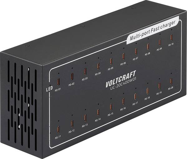 VOLTCRAFT UC-20C400W01 USB-laadstation 400 W 20x USB-C USB PD Zwart Binnen USB Power Delivery (USB-PD)