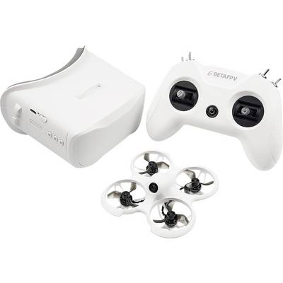 Een witte afstandsbediening en een mini-drone-set, bestaande uit een drone met vier propellers en een VR-bril, op een witte achtergrond.