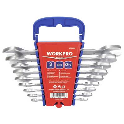 'WORKPRO Pro' 9-delige combinatie- en ringsleutelset met maten van 6 tot 14 mm. Inclusief opberghouder.