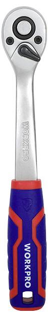 Een zilveren steeksleutel met blauw-rode handgreep, voorzien van de opdruk 'WORKPRO'. Gebruikt voor mechanische werkzaamheden.