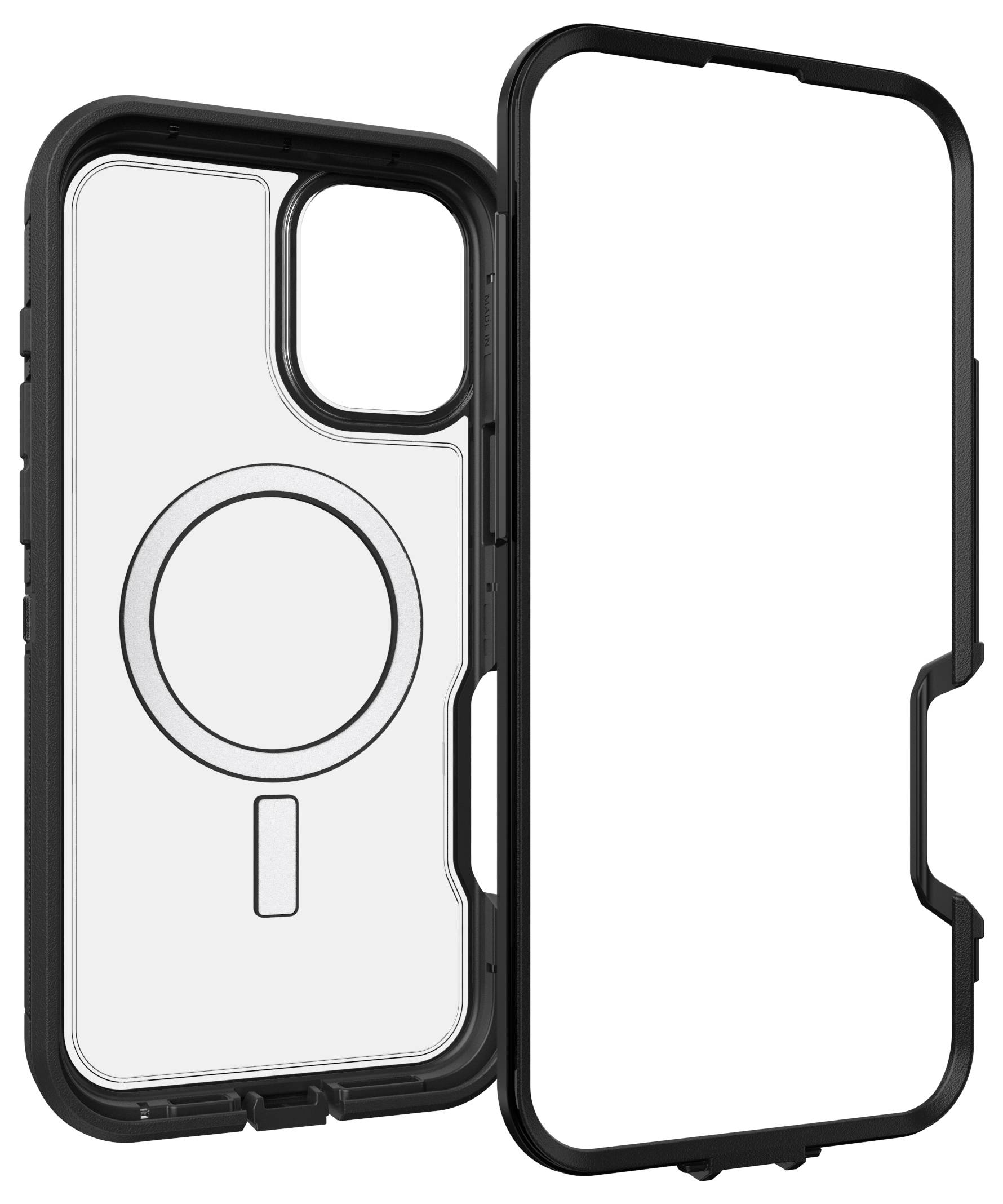 Telefoonhoesje met rond MagSafe-patroon, zwarte rand, geopend, toont voor- en achterkant.