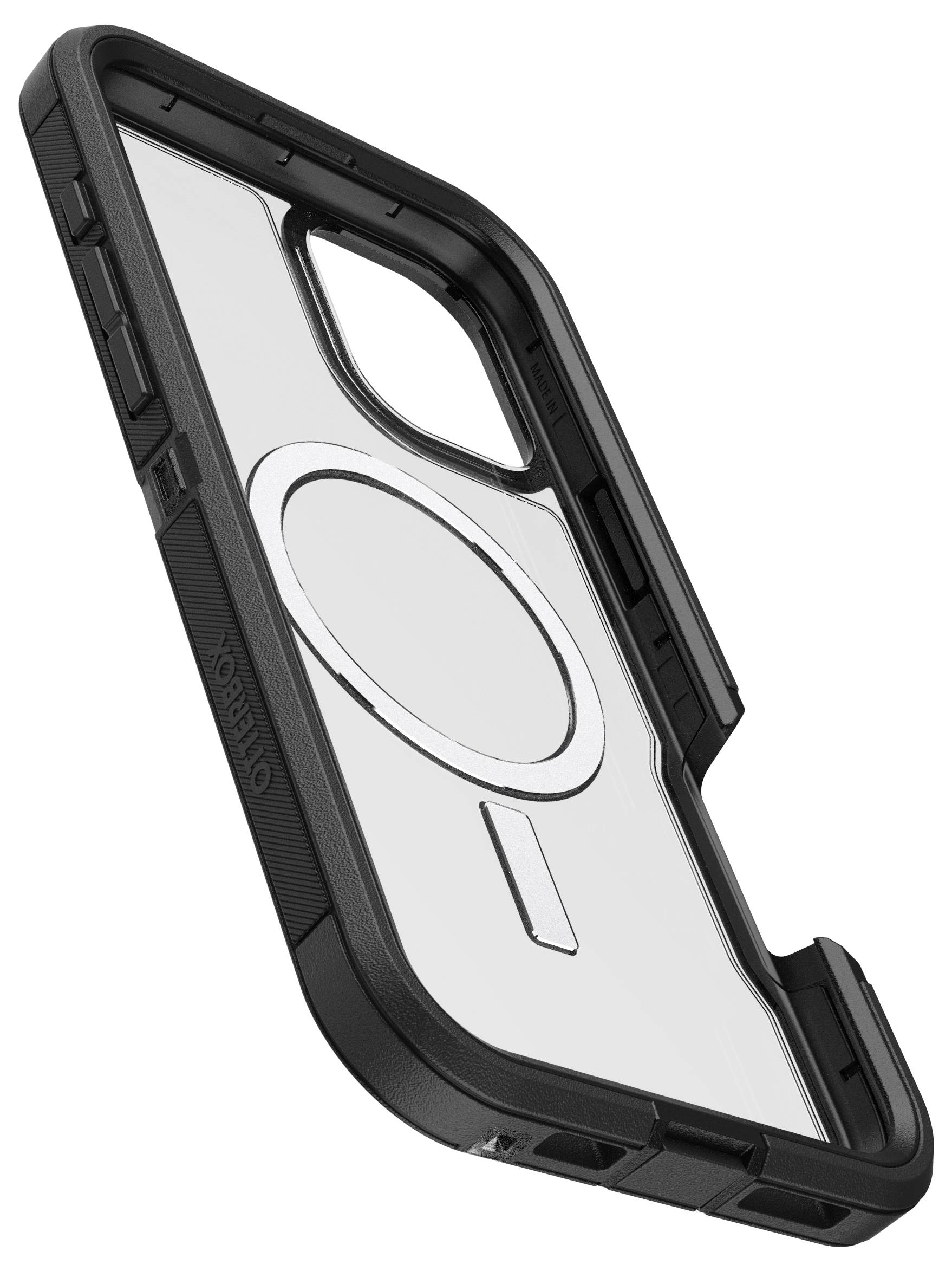Beschermhoes voor een smartphone, zwart met transparante achterkant en magneetring, biedt robuuste bescherming en magneetfunctionaliteit.