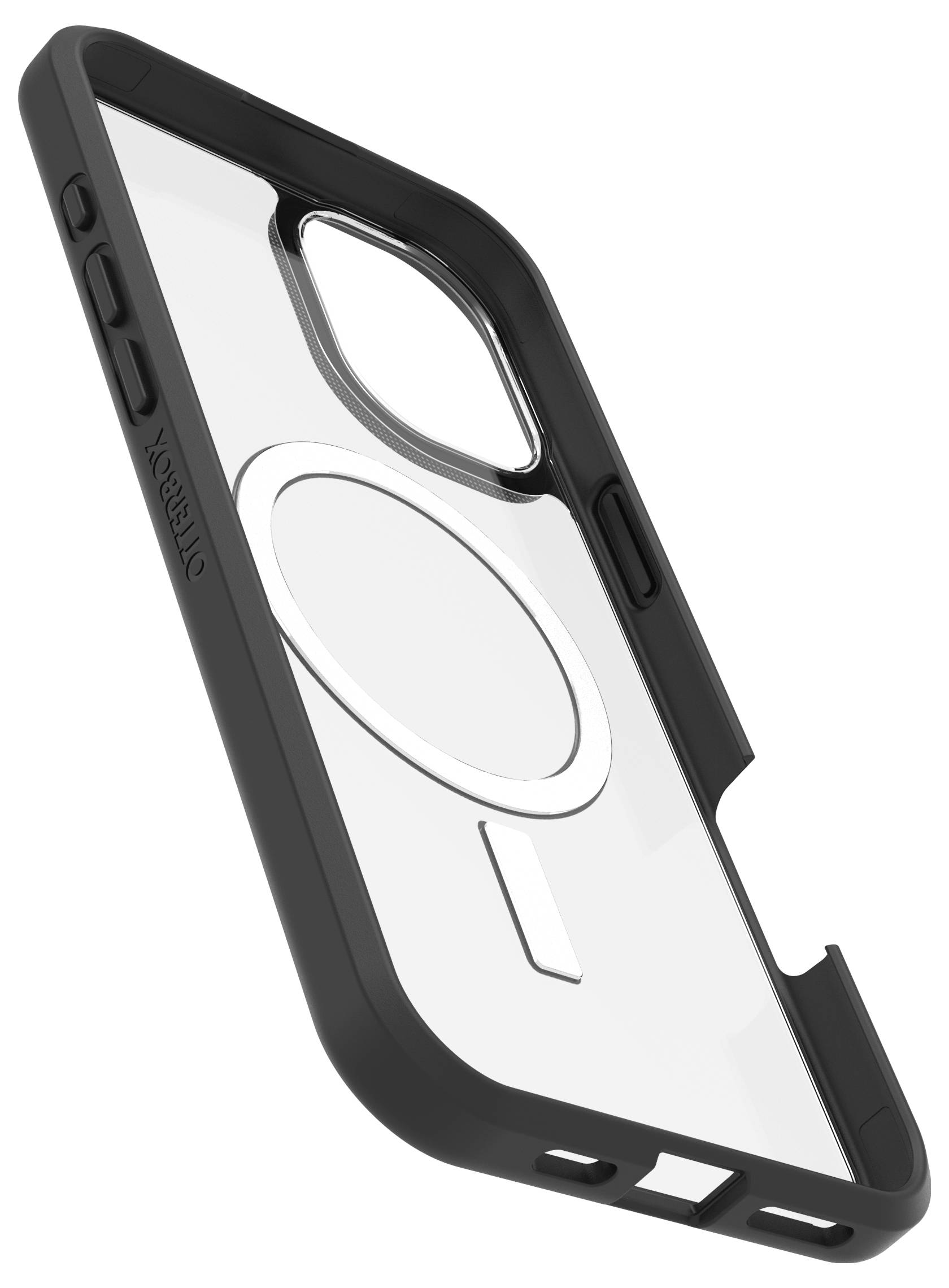 Zwarte telefoonhoes met transparante achterkant en MagSafe-ring, geschikt voor model met rechthoekige cameraopening.