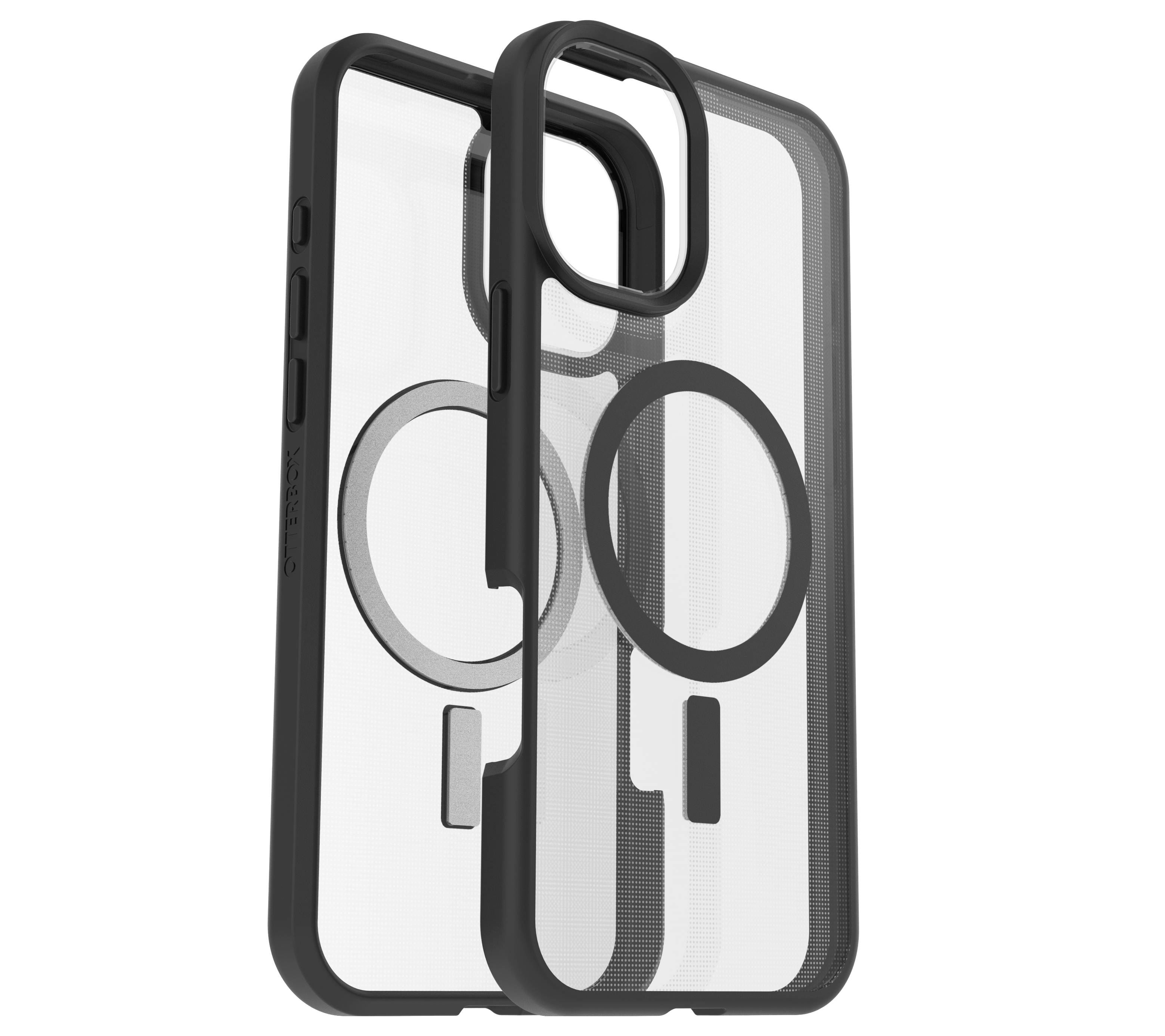 Twee transparante telefoonhoesjes met zwarte randen en geïntegreerde ronde magneten, ontworpen voor draadloos opladen.