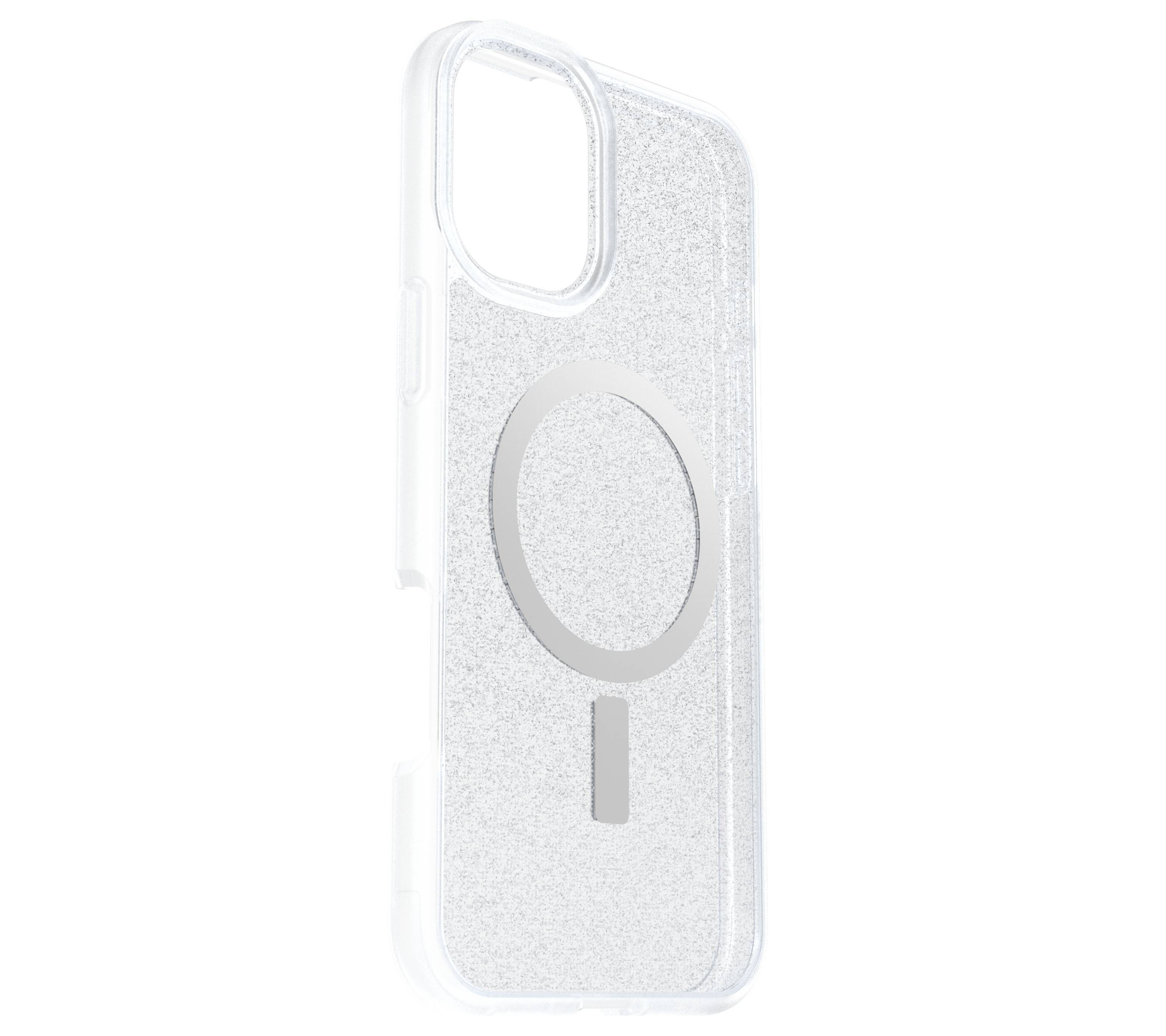 Transparante telefoonhoes met glanzend glitter-ontwerp en een cirkelvormig symbool in het midden.
