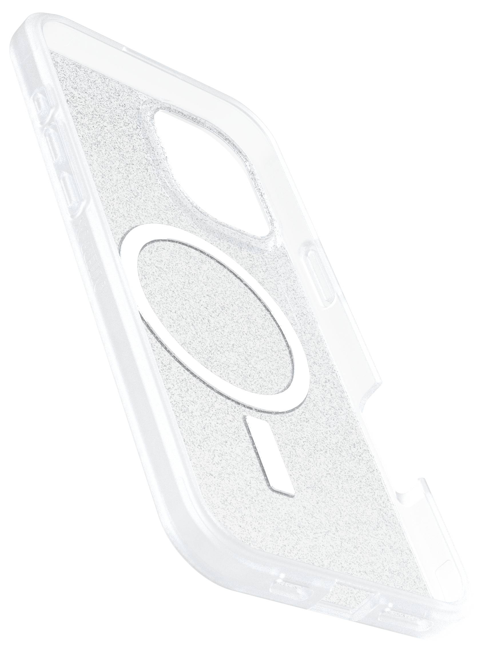 Doorzichtige telefoonhoes met een zilveren, glinsterende achtergrond en versierd met ronde metalen elementen.