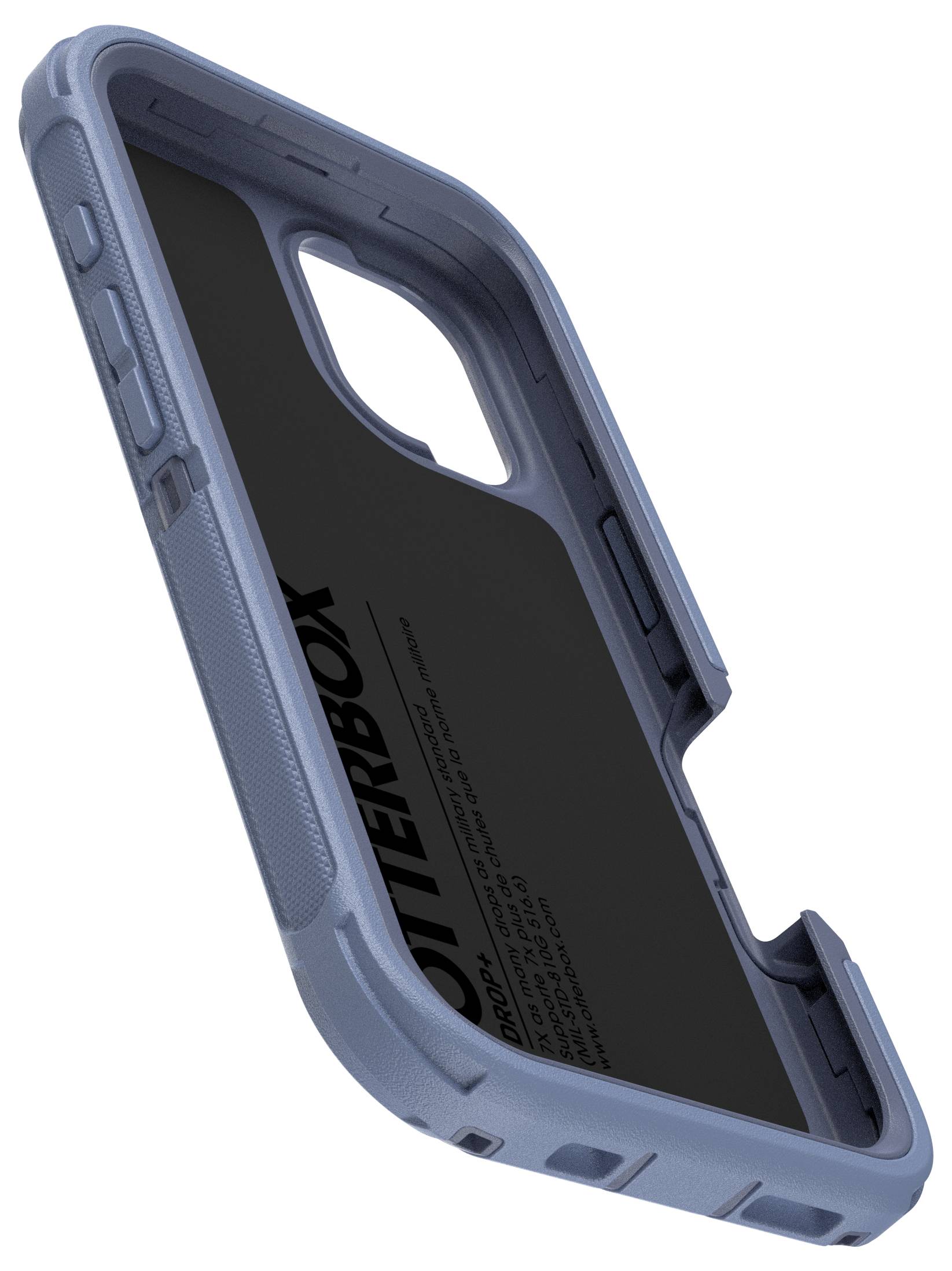 Een blauwe stevige telefoonhoes met versterkte hoeken die schokken moet absorberen. Ontwerpkenmerken bieden extra bescherming.