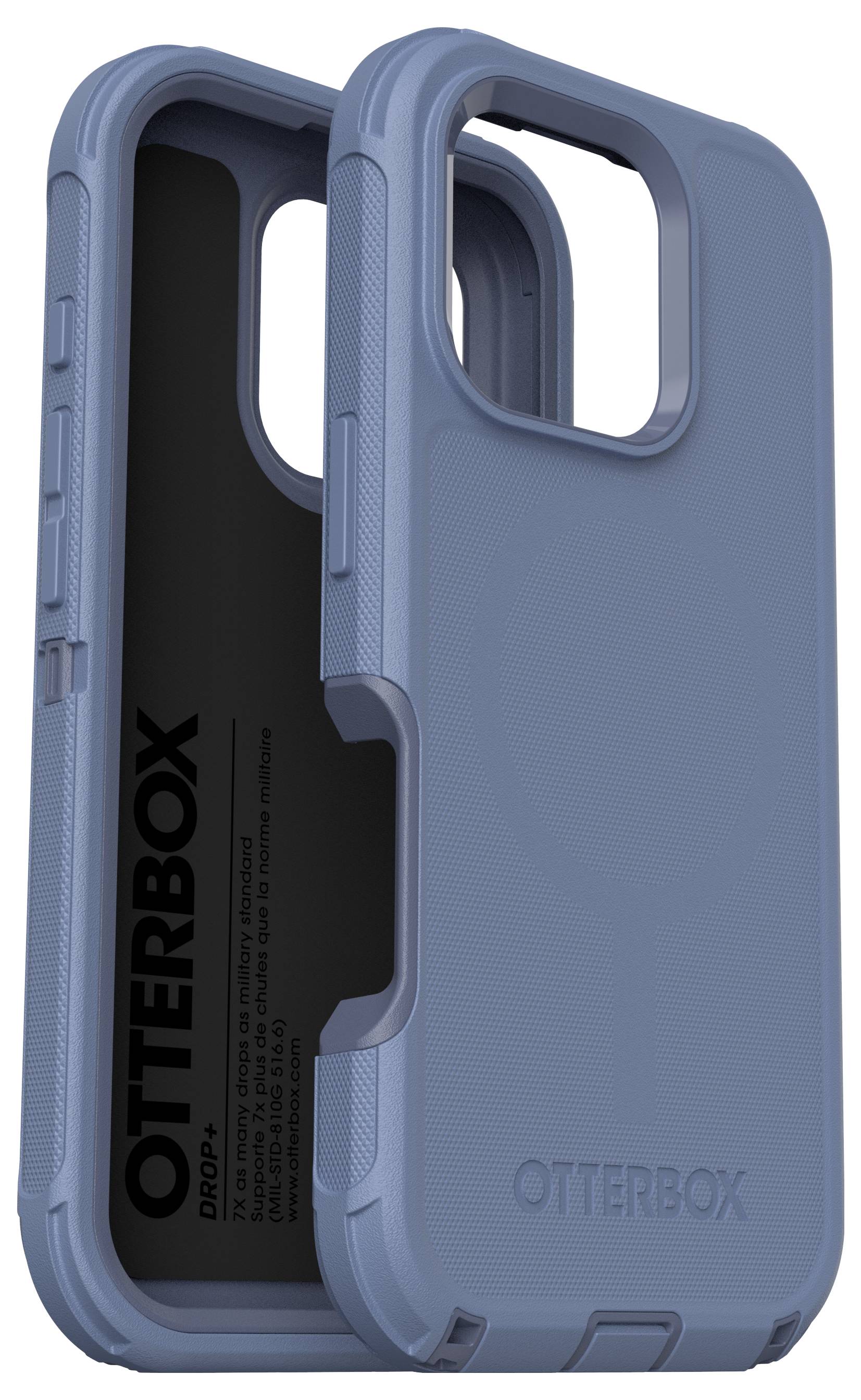 Twee blauwe telefoonhoesjes, het ene voor het andere. Aan de binnenkant staat 'Otterbox'. De hoesjes zijn stevig en bieden bescherming.