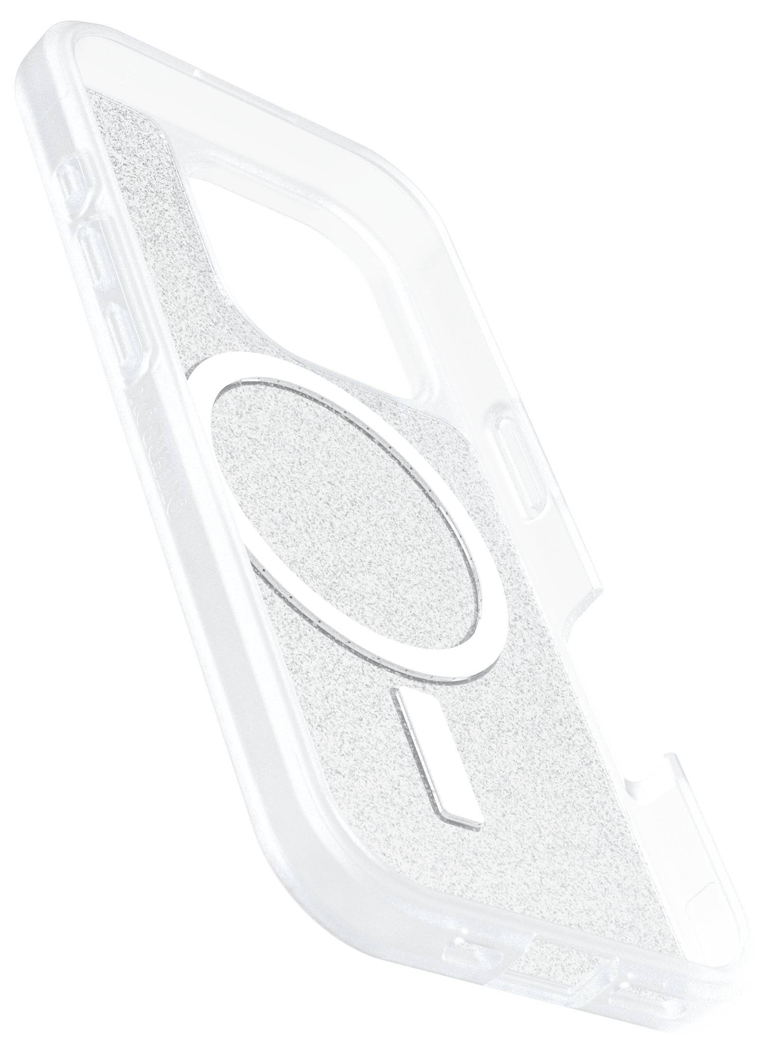 Transparante smartphone-hoes met glinsterende achterkant en cirkelvormig magnetisch gebied, op maat gemaakt voor draadloos opladen.