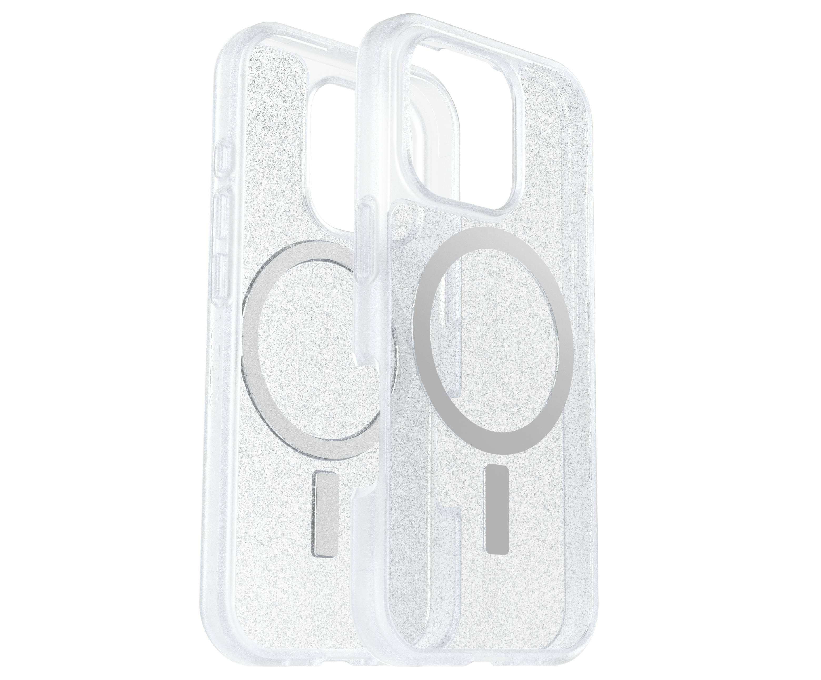 Transparante telefoonhoes met glittereffect, compatibel met MagSafe. Twee identieke hoesjes over elkaar heen.