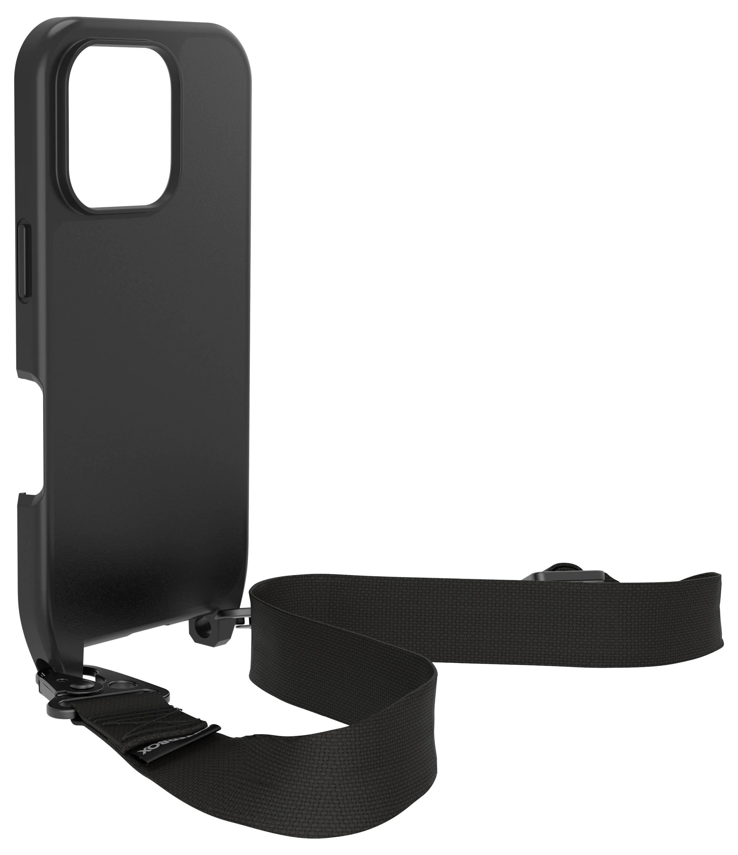 Zwart smartphone-hoesje met afneembare, verstelbare draaglus.
