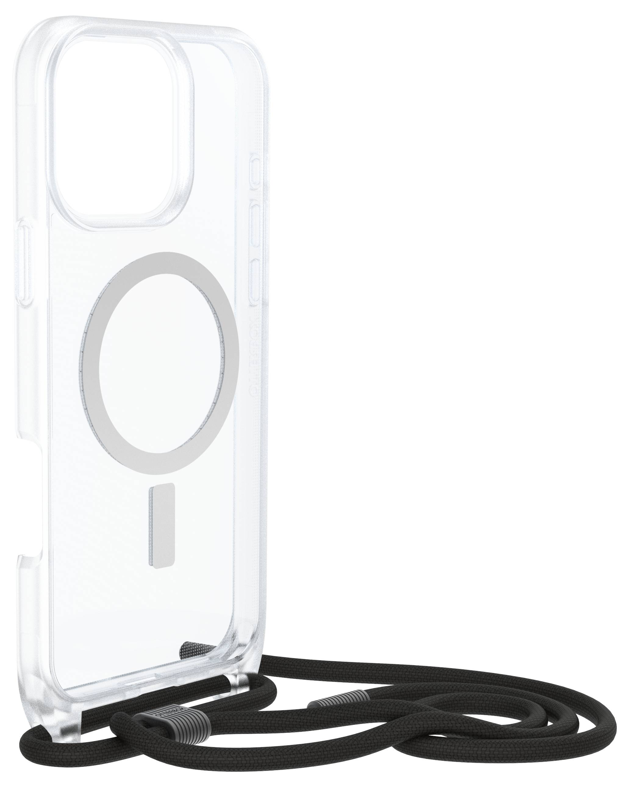 Een transparante telefoonhoes met magneetring staat rechtop; daaraan is een zwart bandje bevestigd. Geschikt voor een smartphone-model.