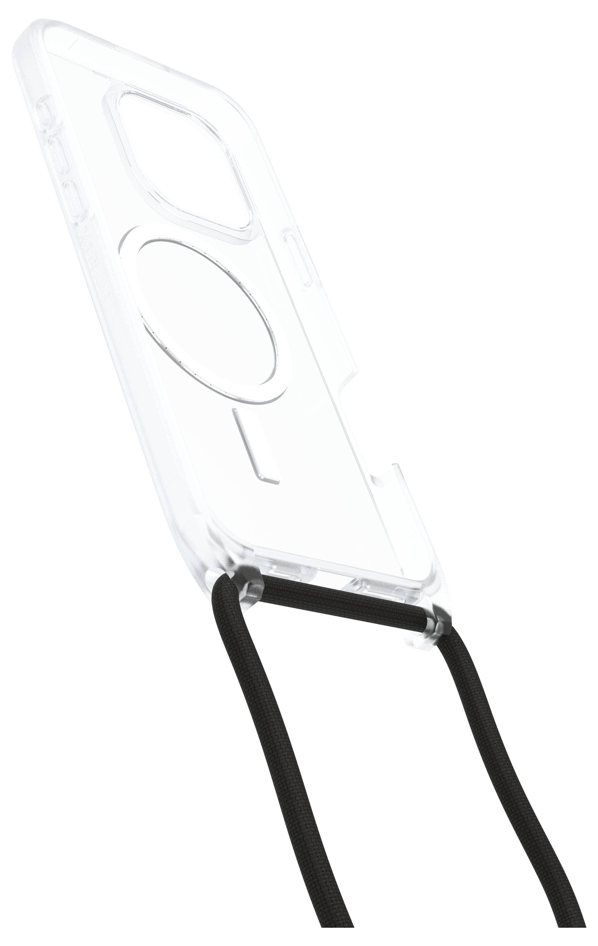 Transparante telefoonhoes met zwart draagkoord, biedt bescherming en gemakkelijke draagbaarheid voor smartphones.