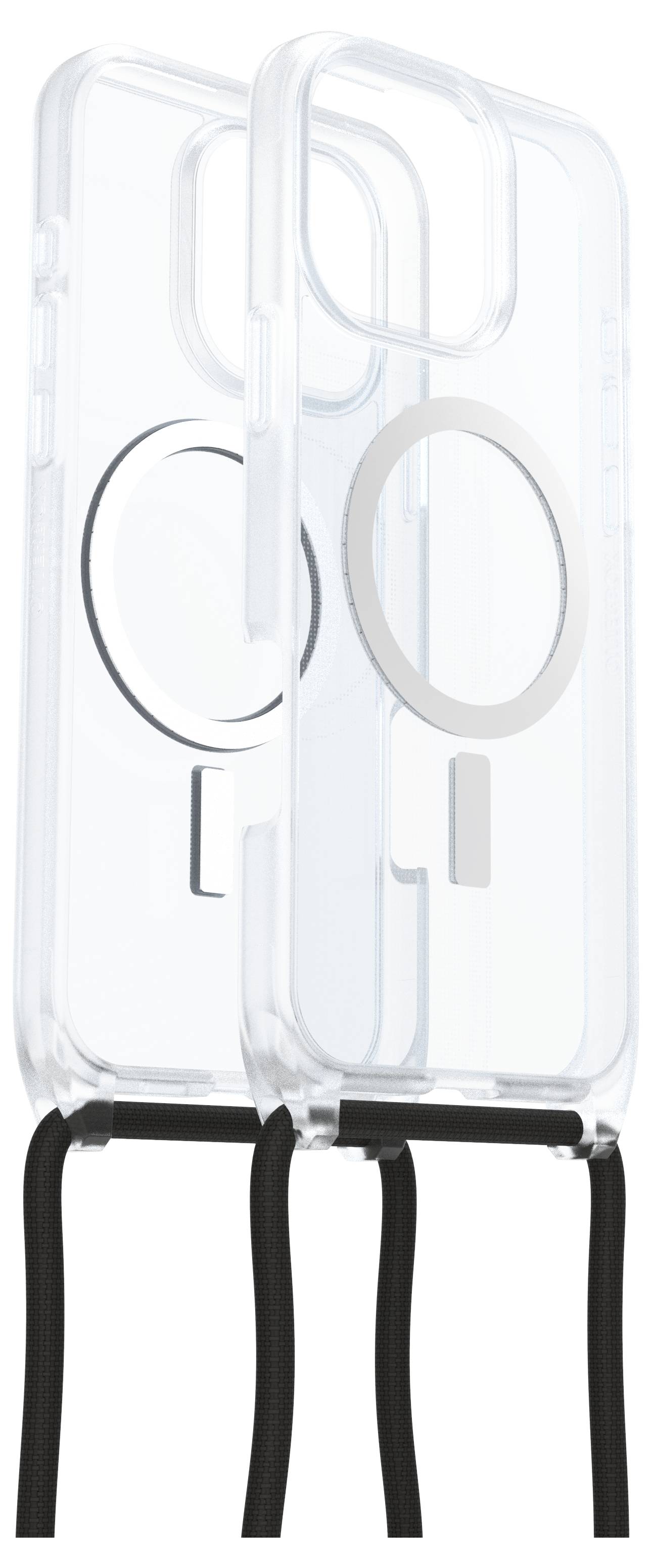 Transparante telefoonhoesjes met magneetring, zwart-witte lanyards, staan rechtop. Ze zijn ontworpen voor smartphones met achtercamera.