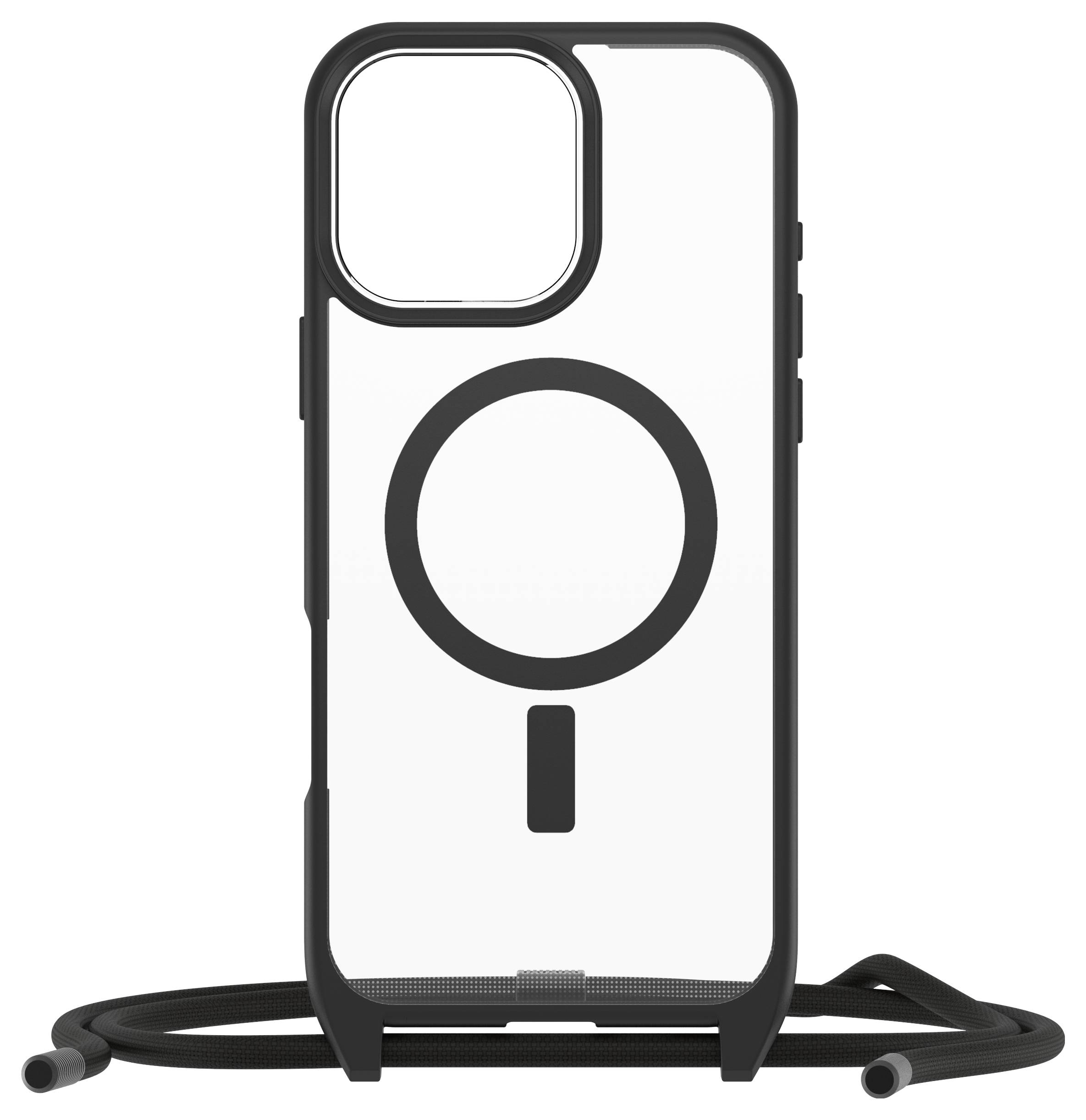 Telefoonhoesje met transparante achterkant, zwarte rand en geïntegreerde MagSafe-ring, liggend op zwarte koorden.