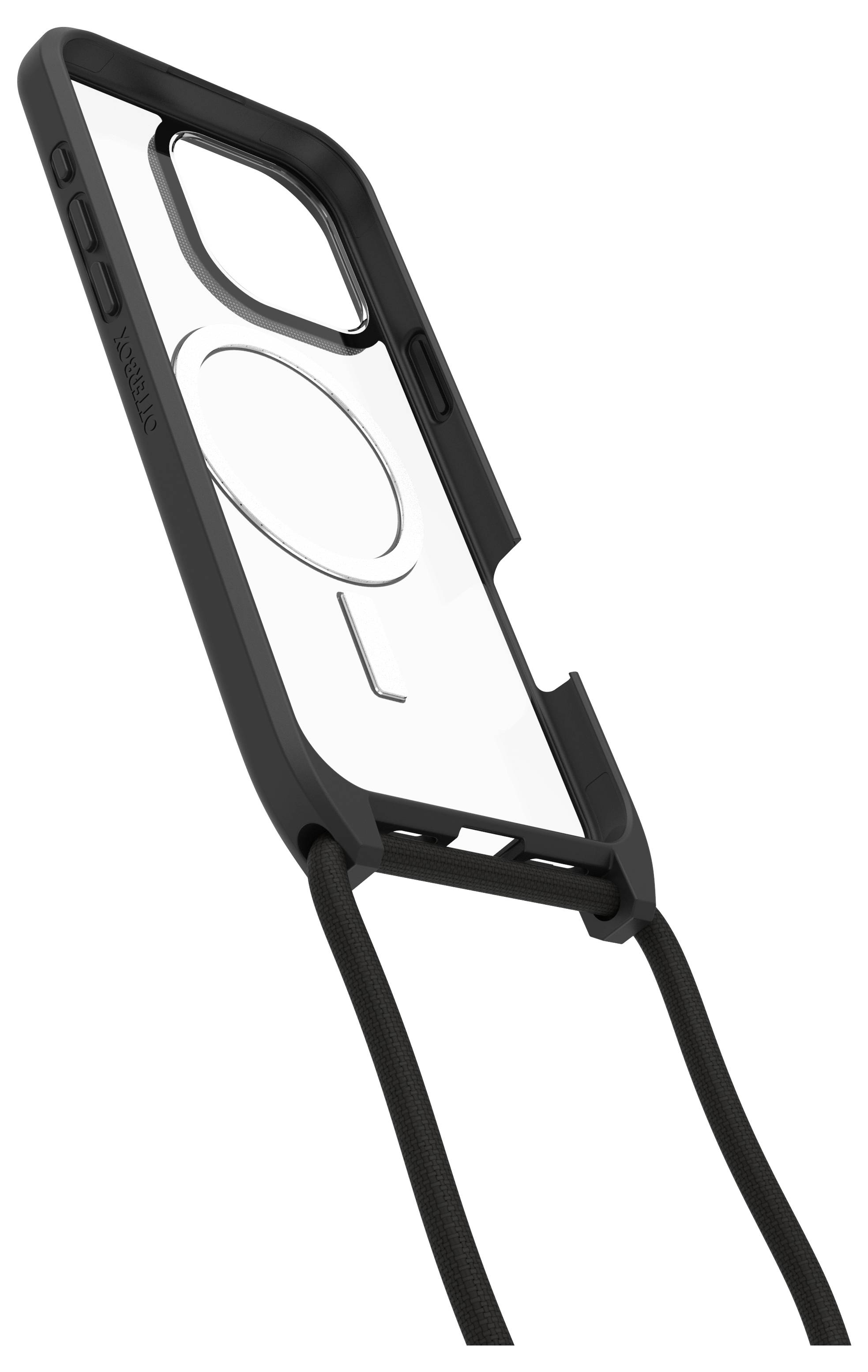 Transparante telefoonhoes met zwarte rand, bevestigingspunt voor draagriem en een ronde opening aan de achterkant voor MagSafe-compatibiliteit.