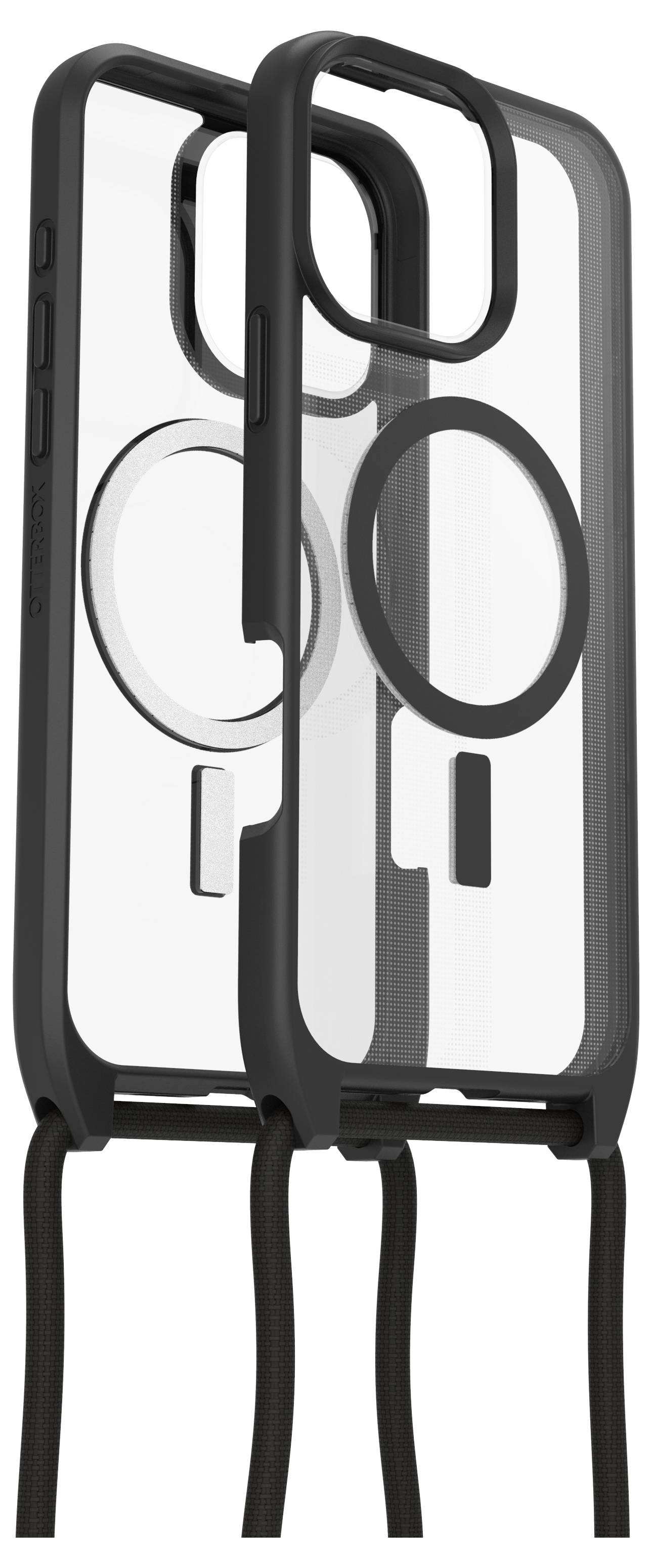 Een transparante telefoonhoes met zwarte rand, geschikt voor magnetisch opladen, met een koord-bevestiging.