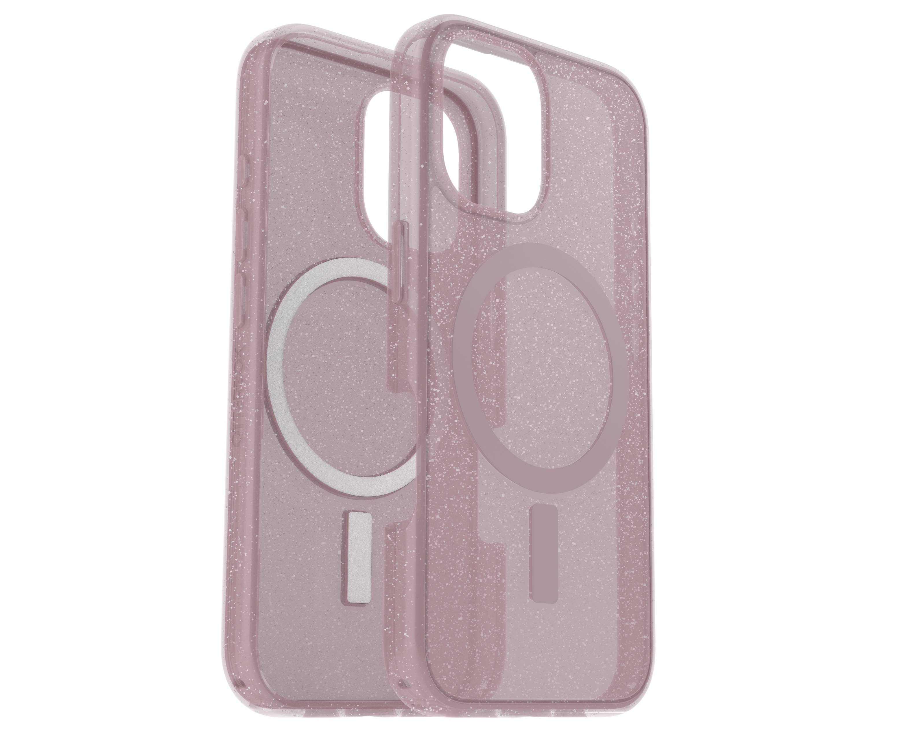 Twee roze telefoonhoesjes met glittereffect en een rond ontwerp.