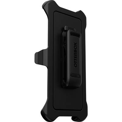 Een zwarte telefoonhoes met riemclip van Otterbox, geschikt voor robuuste bescherming en comfortabel dragen aan de riem.