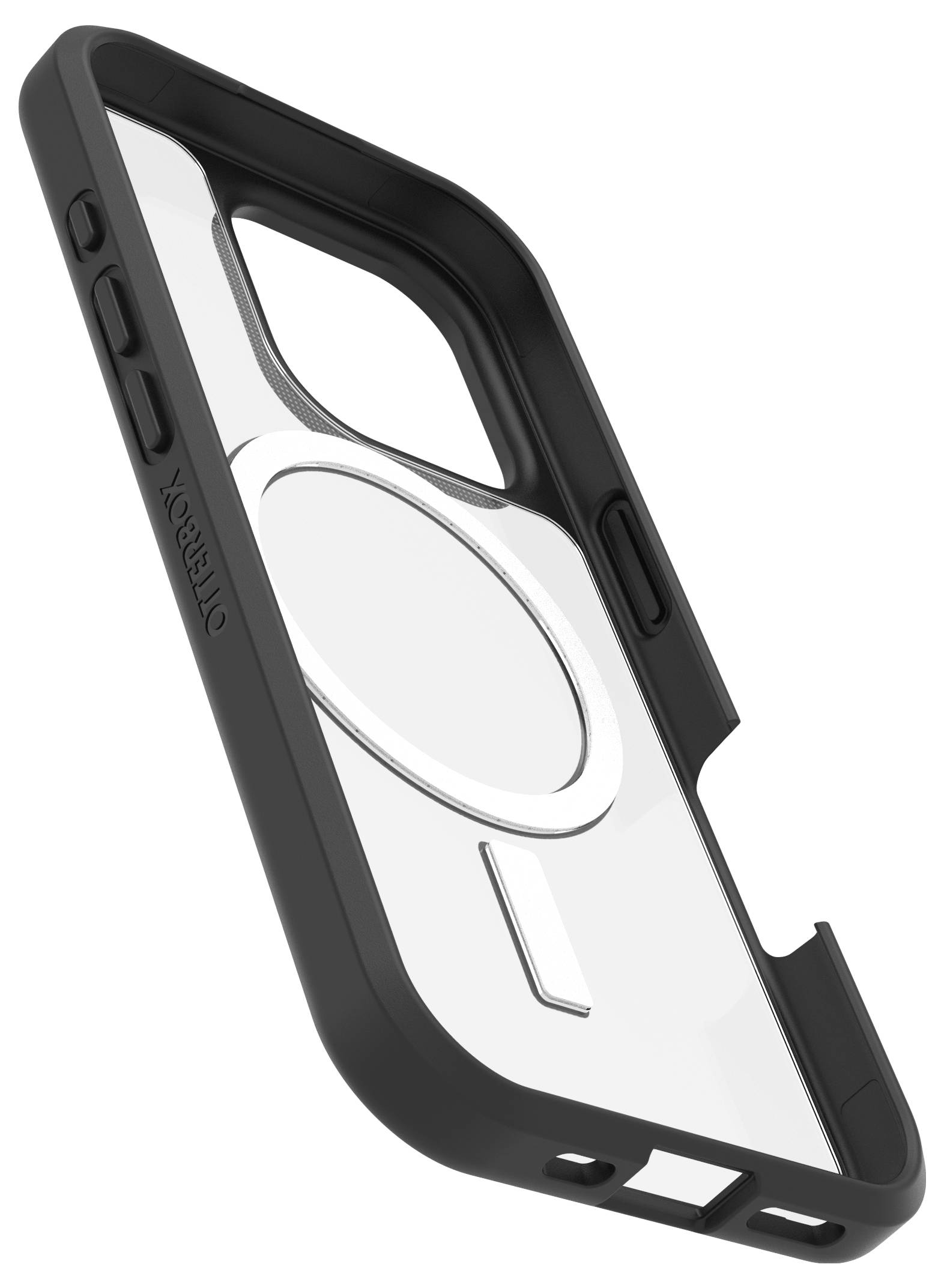 Zwarte telefoonhoes met transparante achterkant en een cirkelvormig design in het midden, geschikt voor een modern smartphone.