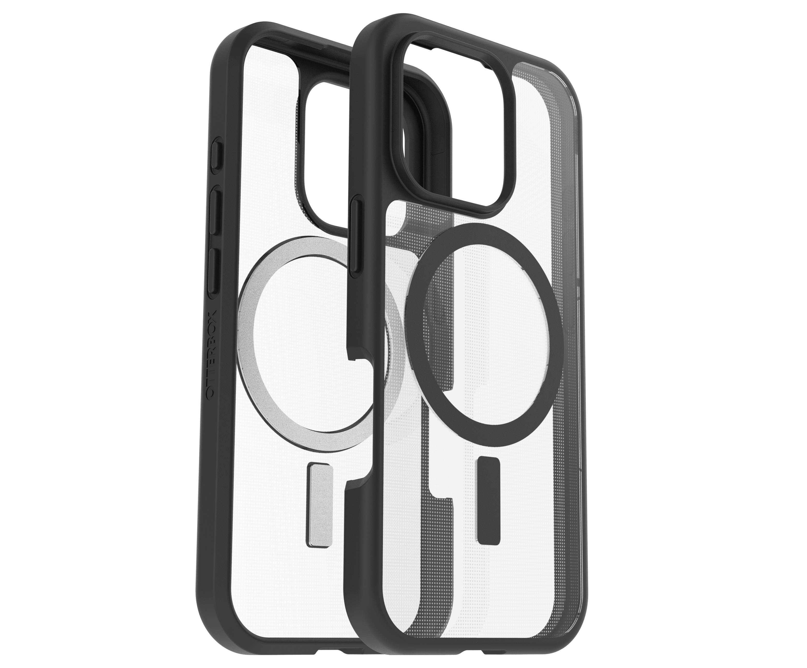 Twee transparante smartphone-hoesjes met een zwarte rand, een rechtop staand, de andere licht verschoven erachter.
