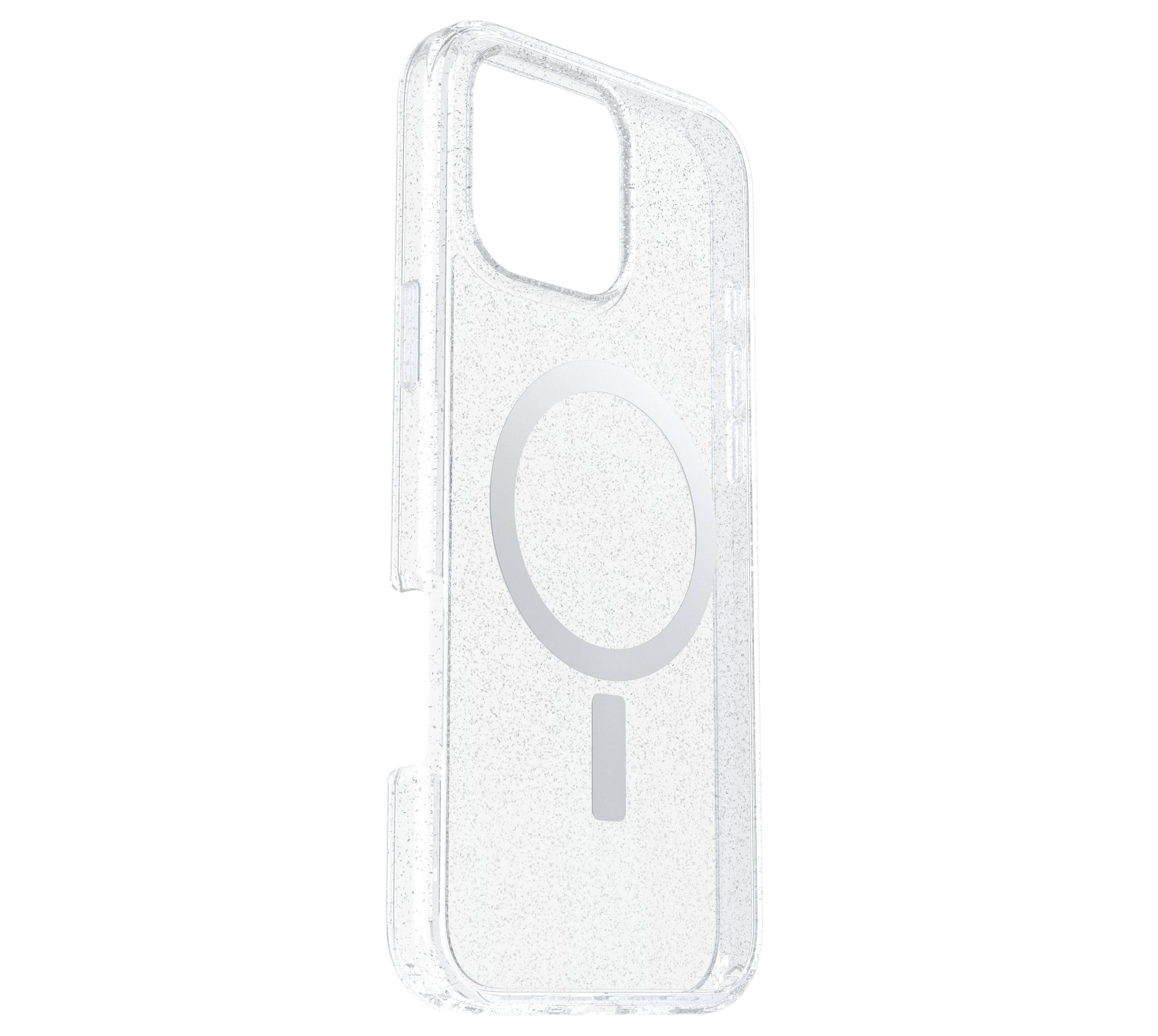 Heldere telefoonhoes met MagSafe-ring voor iPhone. Transparant ontwerp met openingen voor knoppen en aansluitingen.