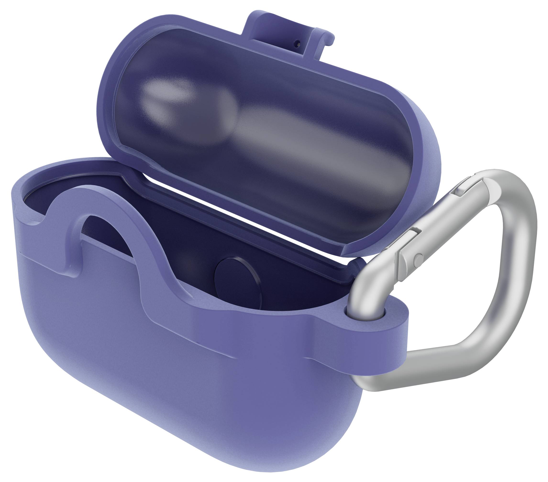 Blauwe, open etui met karabijnhaak, geschikt voor kleine apparaten of accessoires, biedt bescherming en eenvoudige bevestiging.