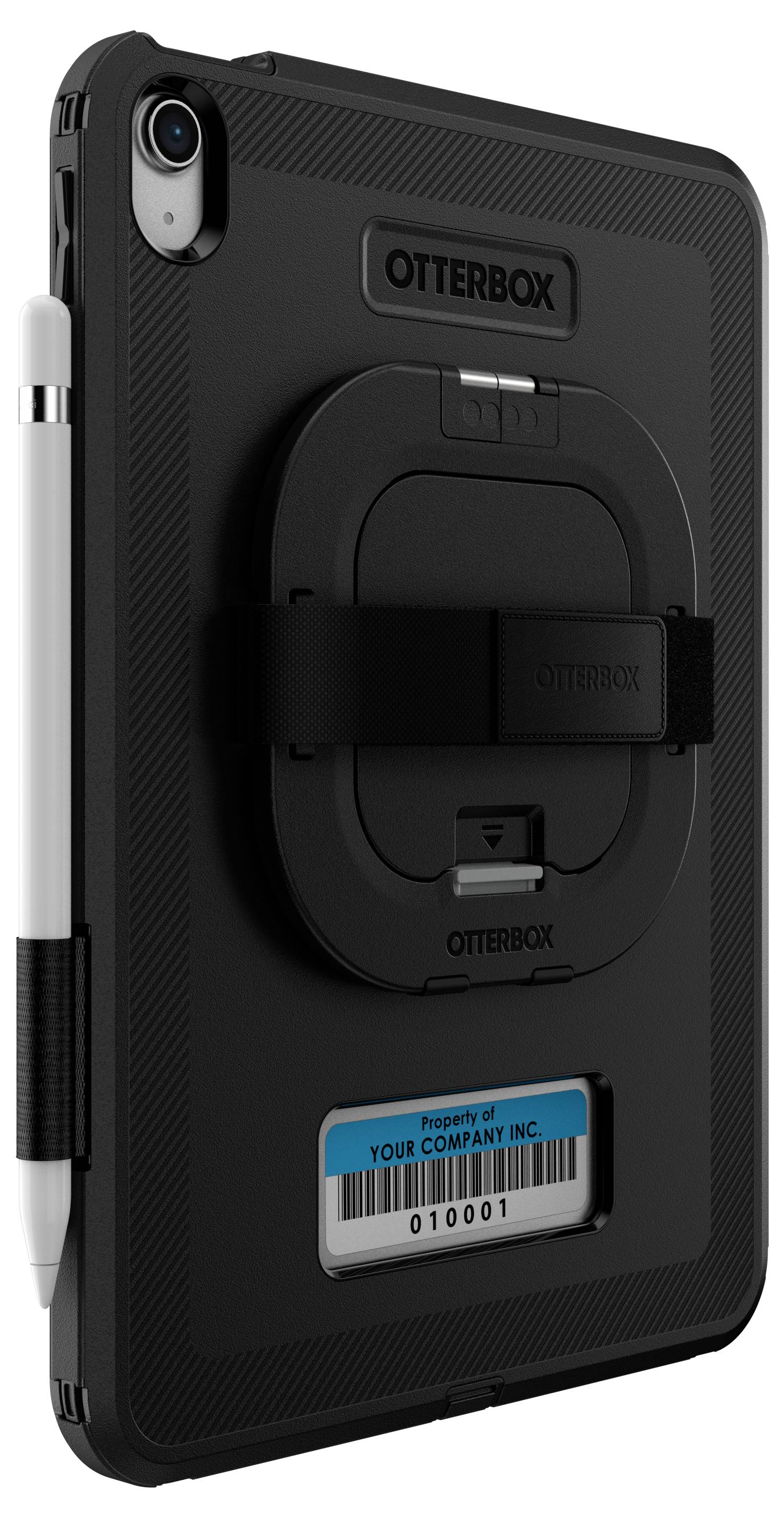 Achteraanzicht van een tablet met een zwart OtterBox-hoesje, geïntegreerde standaard en pennhouder. Bedrijfsetiket met barcode onderaan.