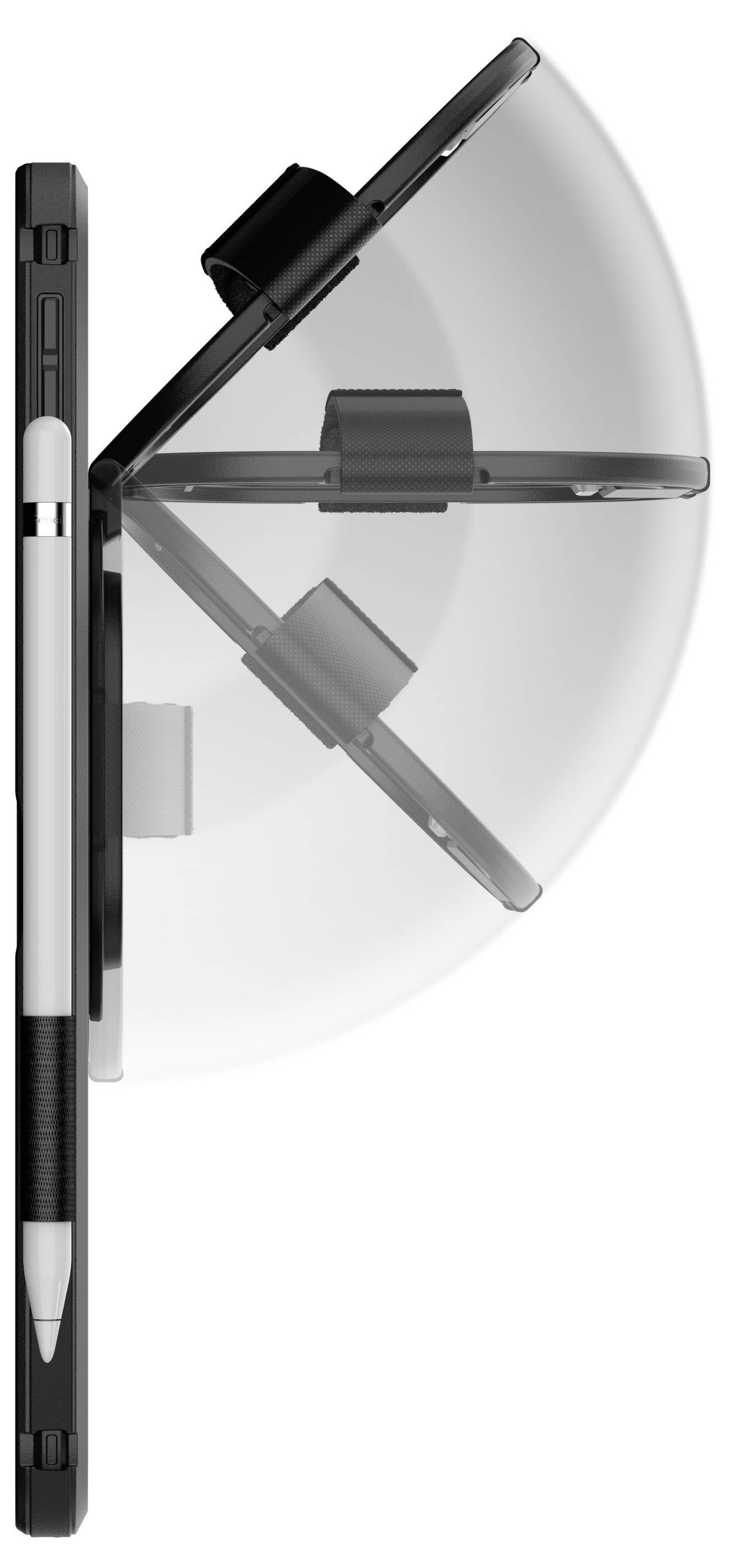 iPad-hoes met geïntegreerde stylus-houder, weergegeven in drie verschillende hellingshoeken.