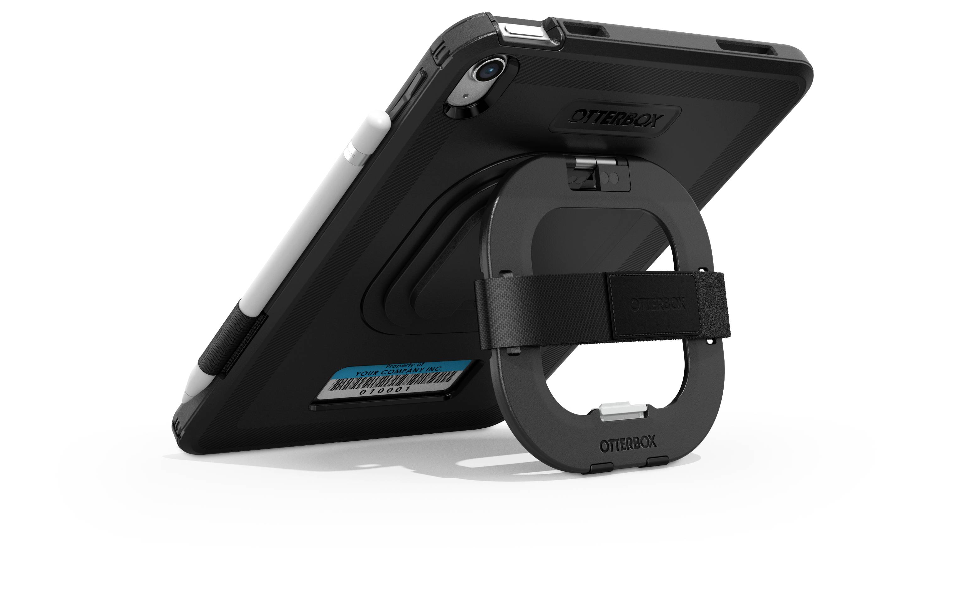 Een zwarte tablet in een robuuste OtterBox-hoes met een standaard die op een oppervlak staat. Een stylus is aan de zijkant bevestigd.