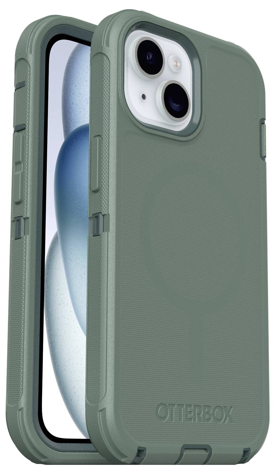 Smartphone met een groen Otterbox-hoesje dat stevig en robuust oogt. Het scherm toont een minimalistisch achtergrondbeeld.