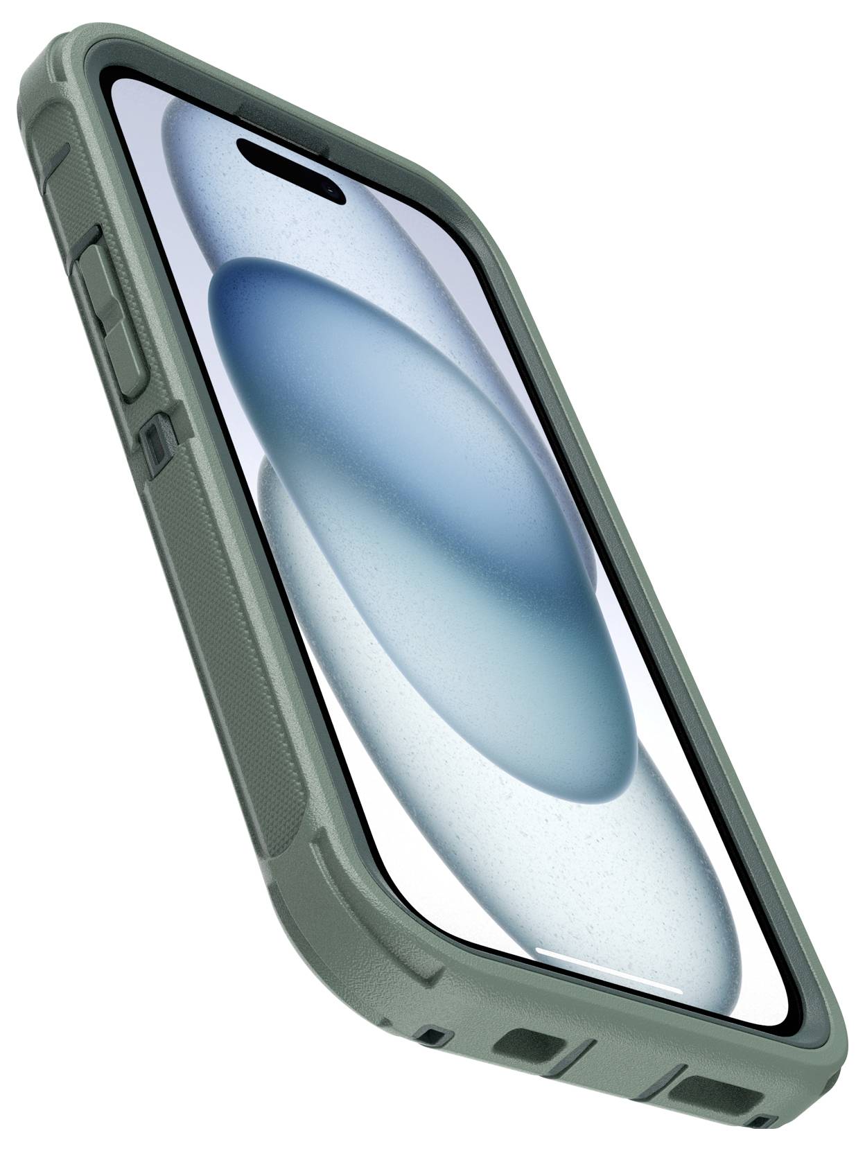 Smartphone in een groene hoes, diagonaal gepositioneerd. Het scherm toont een abstract blauw-wit patroon.