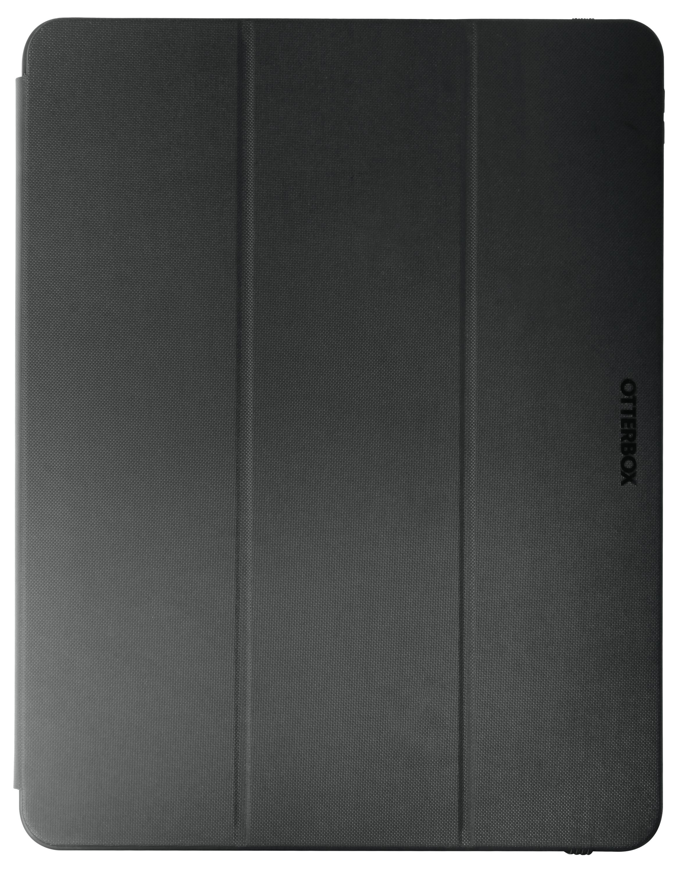 Zwart OtterBox-tablethoesje met een strak ontwerp, volledig gesloten, zonder zichtbare details of decoraties.