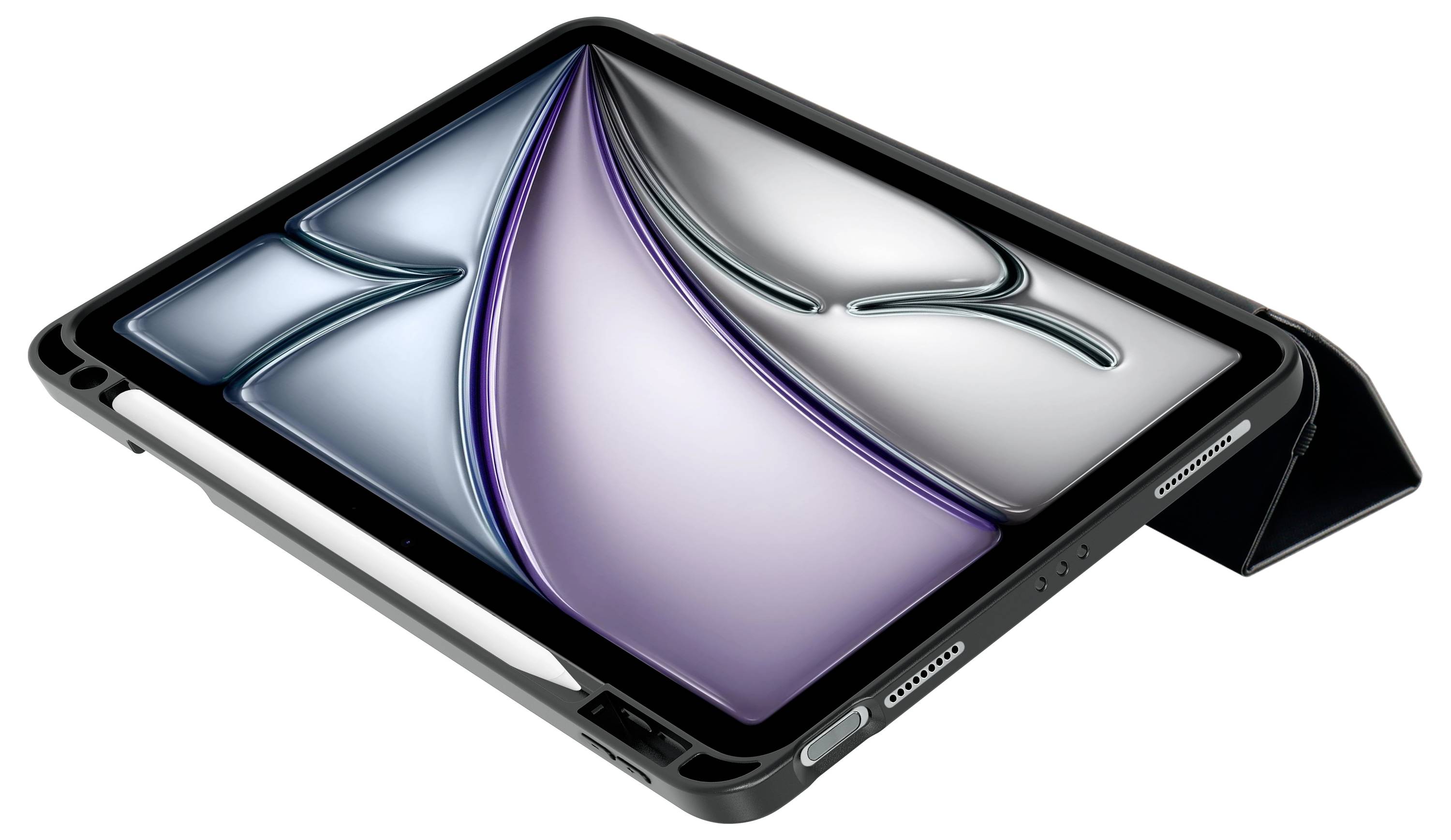 Een tablet met een beschermende hoes en een digitale pen ligt geopend op een vlak oppervlak.