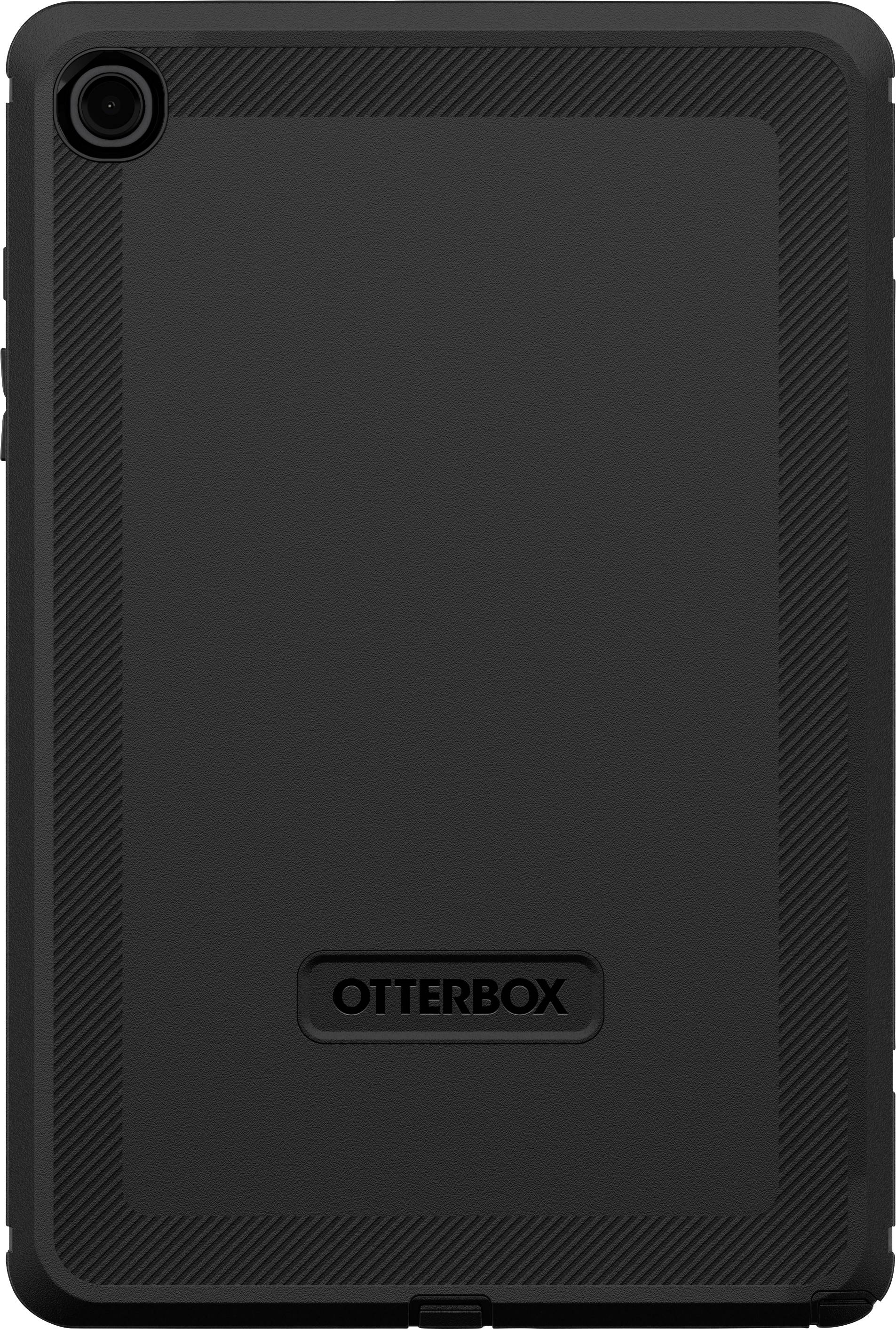 Een zwarte OtterBox-beschermhoes voor een tablet.
